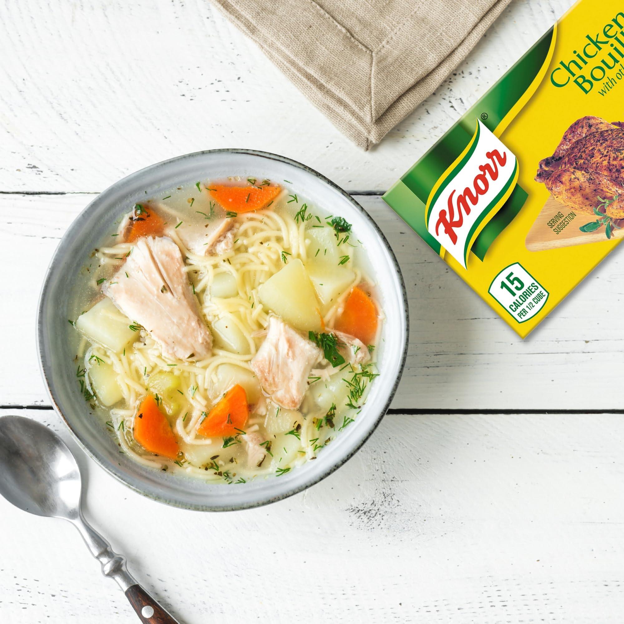 GOOD FOR MY HOME Chicken Bouillon Cubes Bundle. Includes One-2.5 Oz Box of Knorr Chicken Bouillon Cubes in a Good For My Home Box. 6 Extra Large Chicken Bouillon Cubes in a Box! Bouillon Cube is Only 30 Calories!