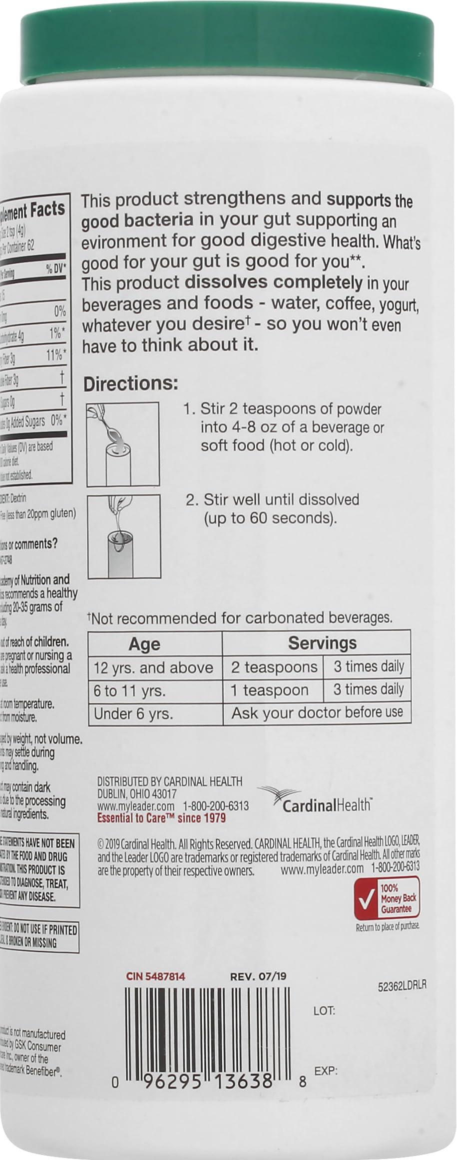 Leader Leader Prebiotic Fiber Supplement Powder for Digestive Health, 100% Natural Daily Fiber Powder, Sugar-Free, Taste-Free, Gluten Free, Non-GMO, Unflavored, 62 Servings (8.7 OZ) (Pack of 1)
