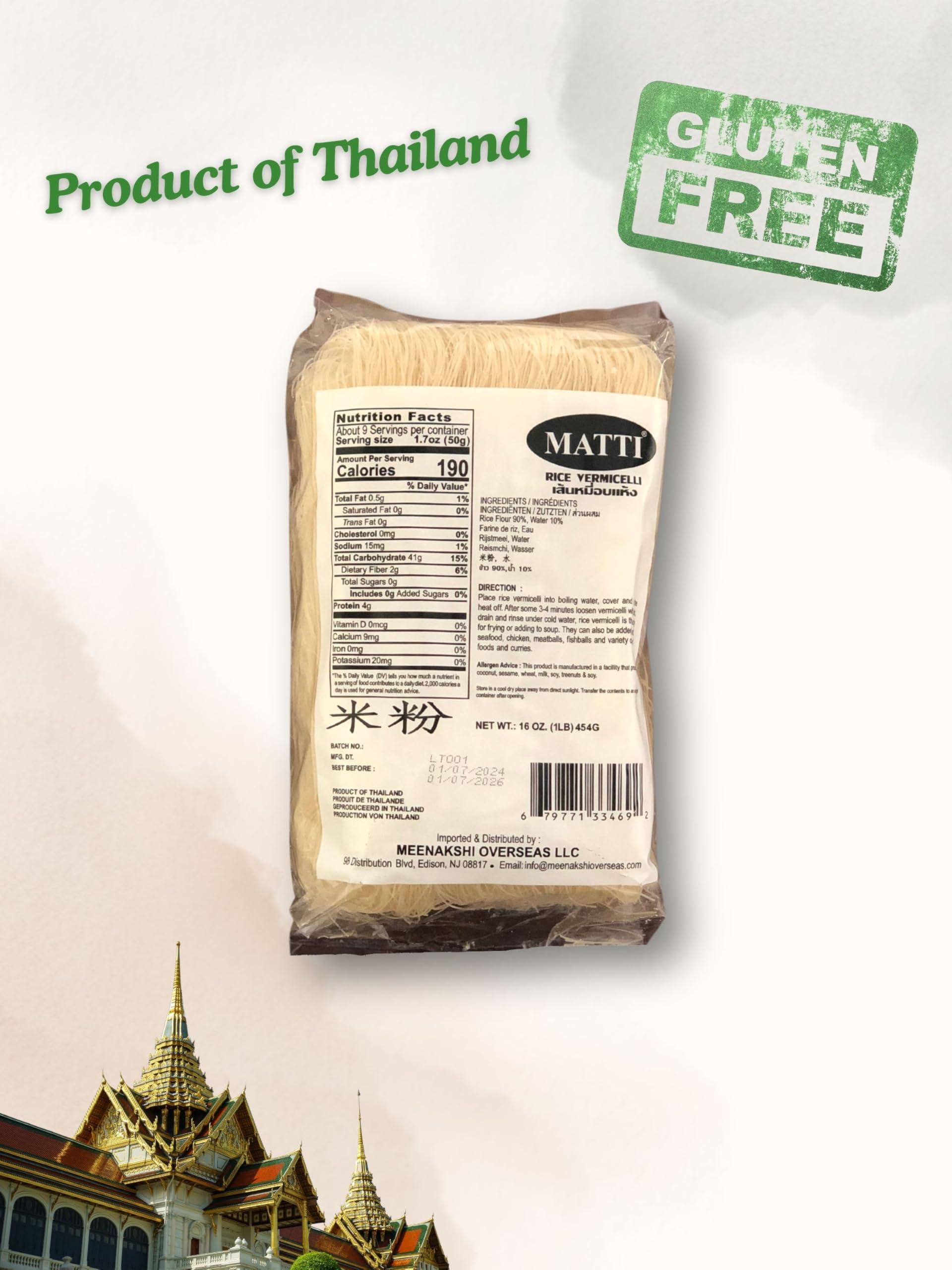Meenakshi Overseas LLC Matti Thai Rice Vermicelli 16 Oz. (1LB) 454g |Product of Thailand| Premium Rice Noodles| Naturally Vegan| Thai Rice Noodles|