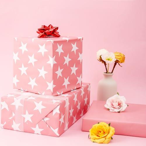 U\'COVER U\'COVER Pink Gift Wrapping Paper Roll for Girls Women Birthday Baby Shower Wedding Christmas Valentines Day Anniversary Graduation Holiday Gift Wrap Rolls Star Pattern Medium Roll (PINK)