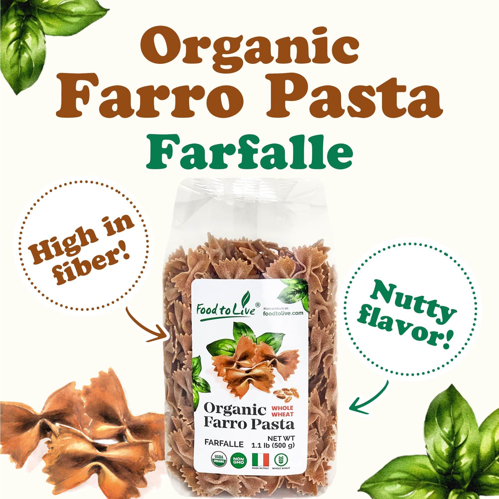 Food to Live Food to Live - Organic Farro Farfalle Pasta, 1.1 lb (Pack of 2) - Italian Whole Wheat and Non-GMO Bow-tie Pasta, Single Ingredient