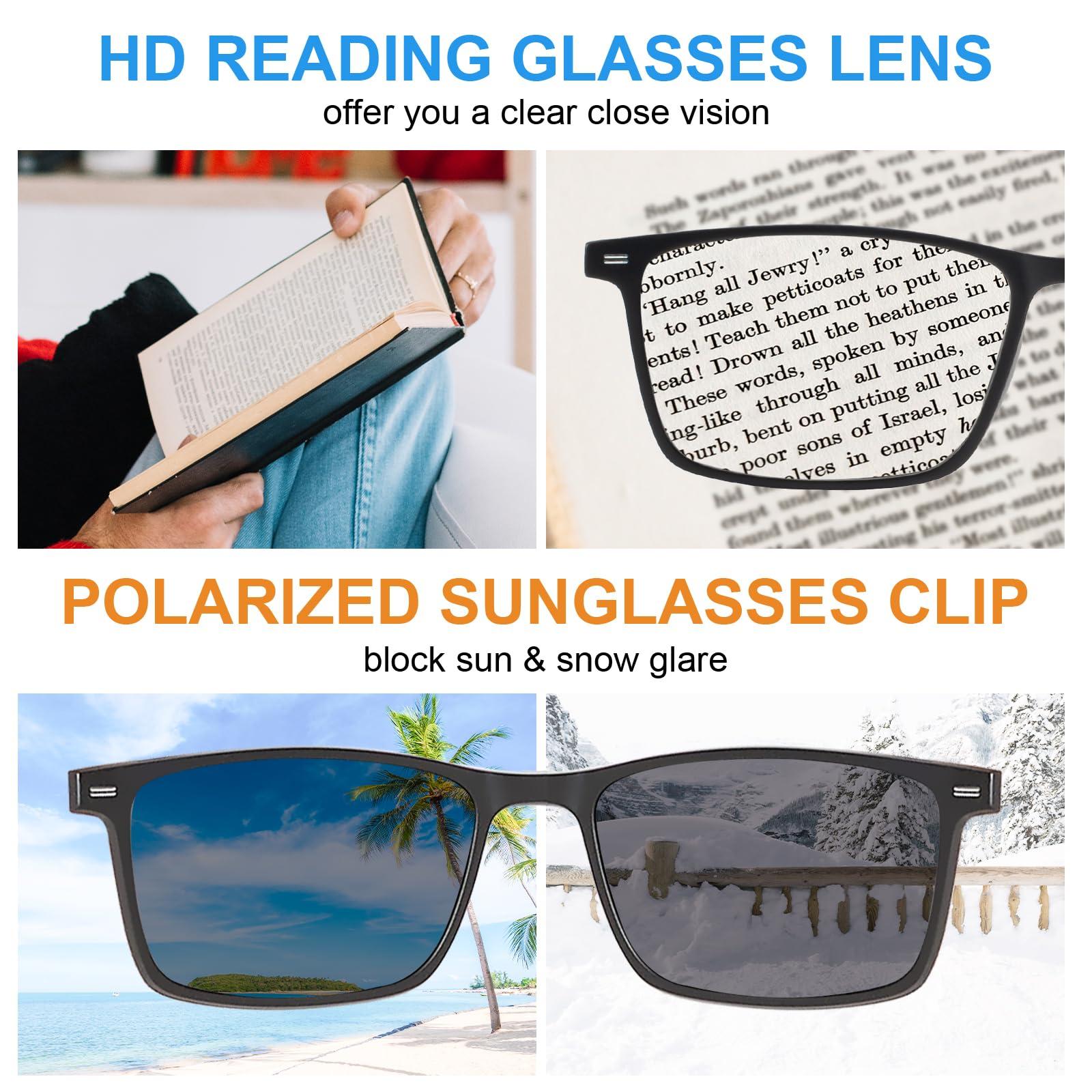 WEMOOTANTS WEMOOTANTS Reading Glasses 2.0 Men, with Outdoor Polarized Sunglasses Clip, Men's Rectangle Black Readers 3.0+