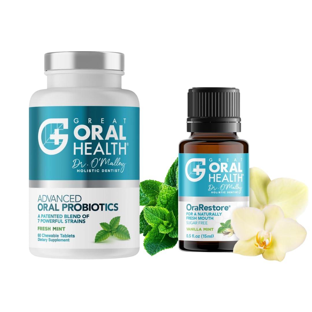 Great Oral Health Advanced Bad Breath Treatment Duo The Oral Probiotics Tablet & OraRestore Natural Mouth & Tooth Concentrated Oil Dentist Formulated Mint Flavor