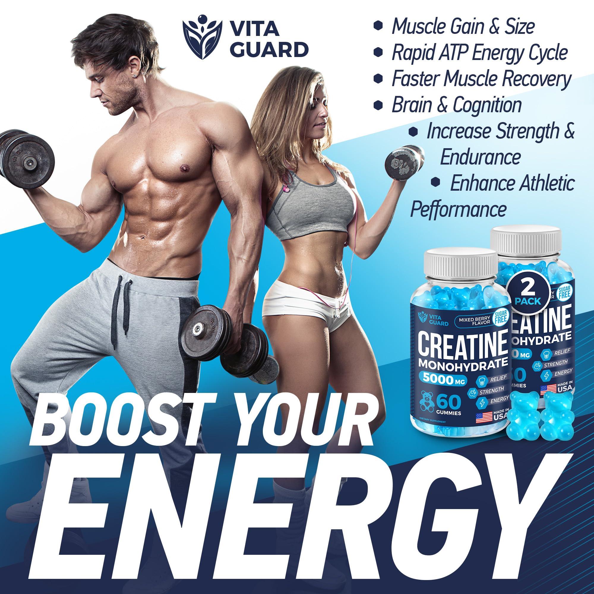 Vita Guard Vita Guard 5000mg Creatine Monohydrate Gummies Formula for Men and Women Ultimate Muscle Builder, Energy Booster & Pre-Workout Supplement (2 Pack)