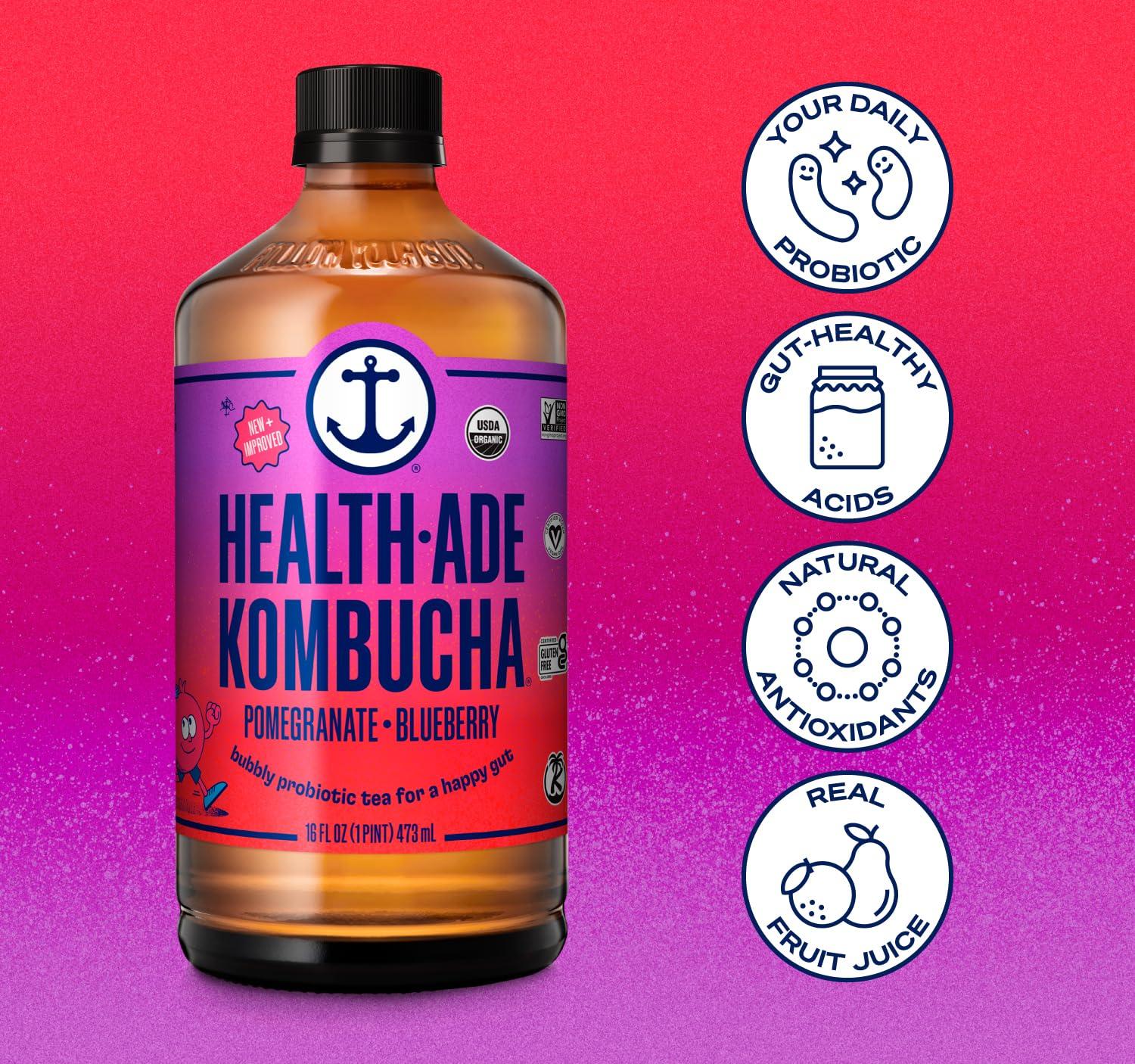 Health-Ade Health-Ade Kombucha Tea Organic Drink, Fermented Tea with Living Probiotics, Detoxifying Acids, Supports Gut Health, Non-GMO, Vegan, Gluten Free, 12 Pack (16 Fl Oz Bottles), Pomegranate Blueberry