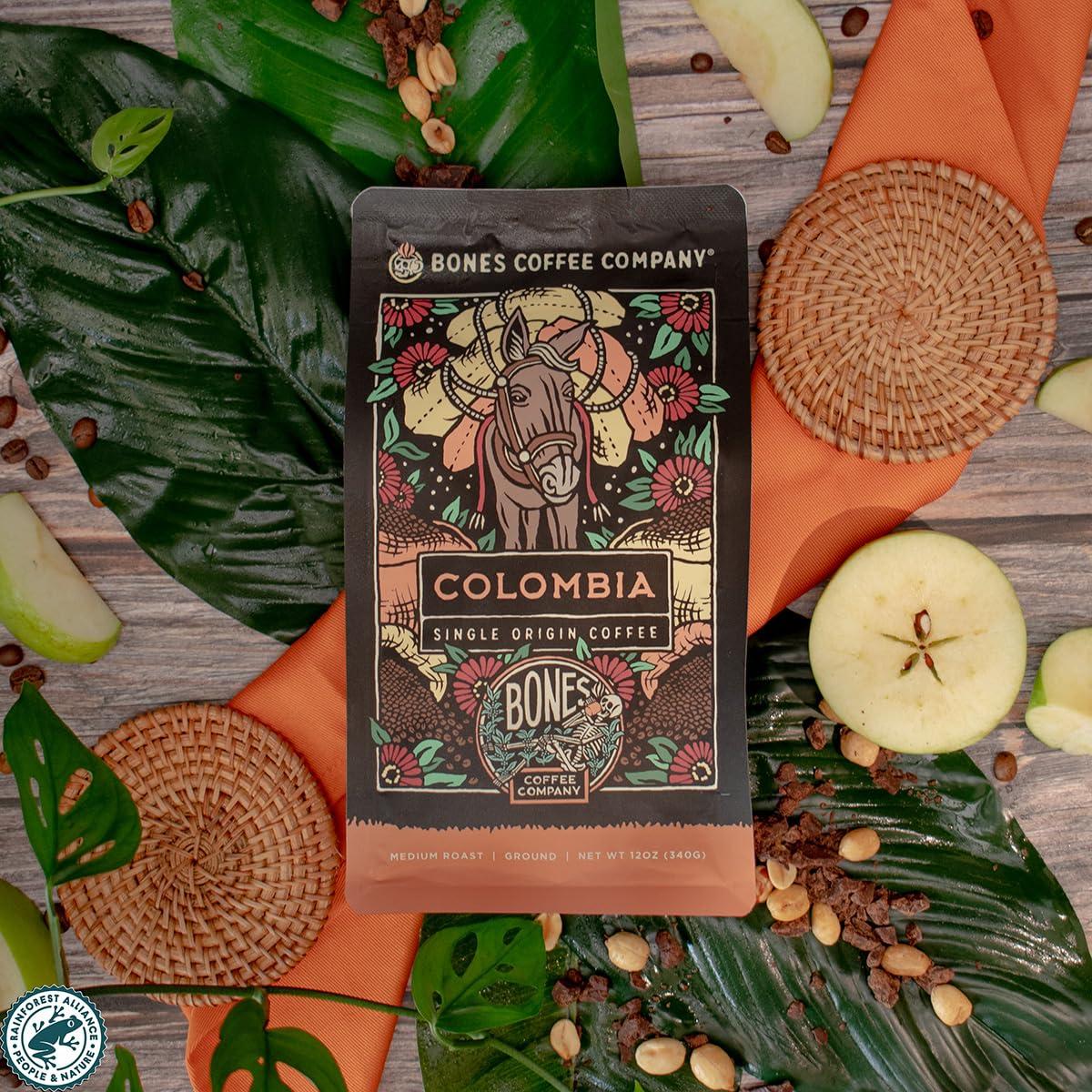 Bones Coffee Company Bones Coffee Company Colombia Single-Origin Coffee Beans, Medium Roast Ground Coffee Gifts Low Acid Gourmet, Almonds, Dried Fruit, Vanilla Notes (12 oz)