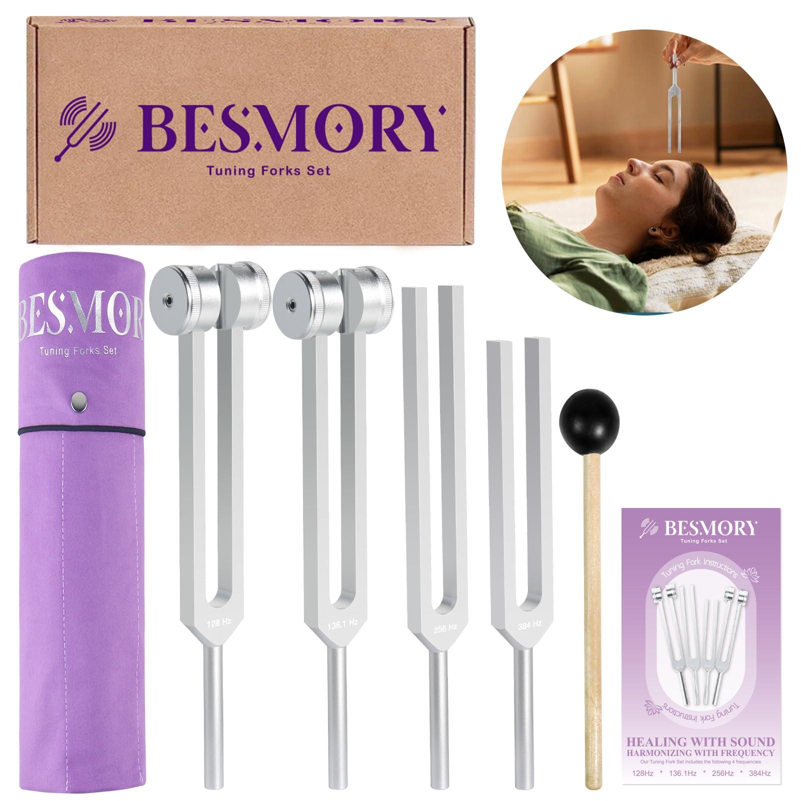 BESMORY Tuning Forks for Healing Set (128HZ, 136.1HZ, 256HZ, 384HZ), Tuning Fork with Reflex Hammer 4-Piece Set for Chakras/Sound Therapy/Healing/Medicine, A Good Gift for Women, Meditation Beginner (Silvery)