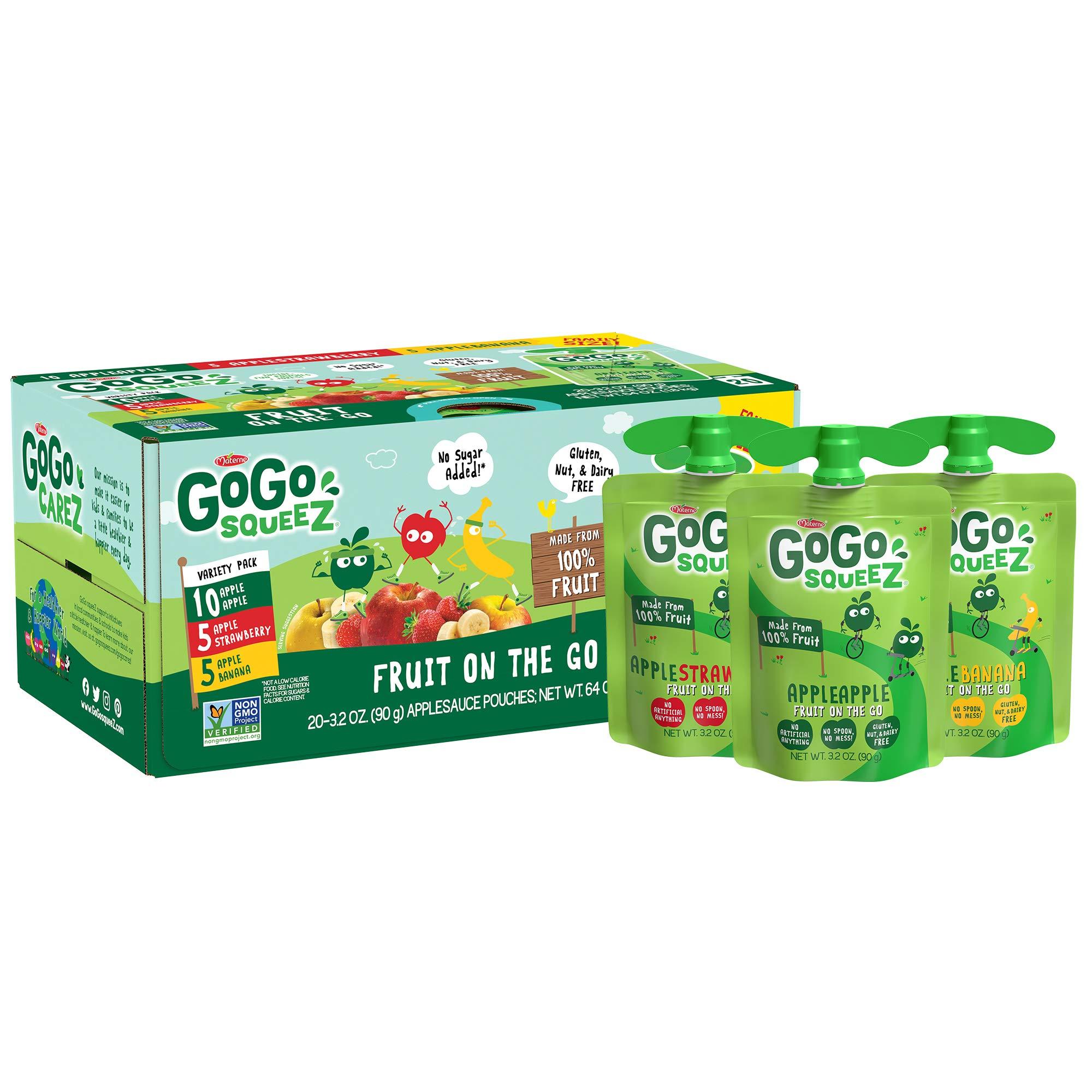 GoGo SqueeZ GoGo squeeZ Fruit on the Go, Apple Apple, Banana & Strawberry Variety Pack (3.2 oz, Pack of 20), Unsweetened Snacks for Kids