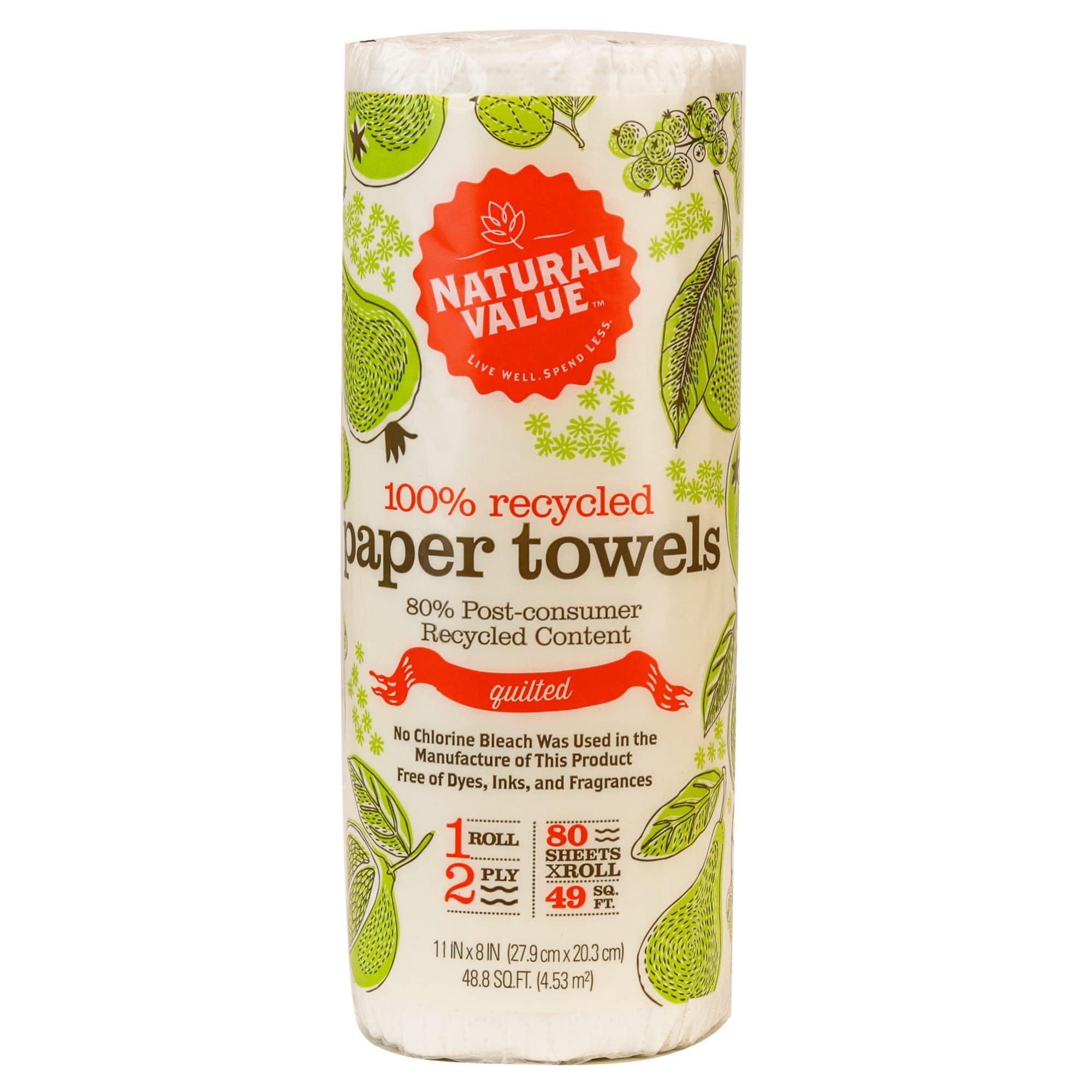 Natural Value Natural Value 100% Recycled Paper Towels, Single Roll 2 ply Quilted Full sized Sheets, 80 Sheets (4 Pack), No Dyes, Ink, Frangrance, No Chlorine Bleach, 80% Post-Consumer Recycled Content