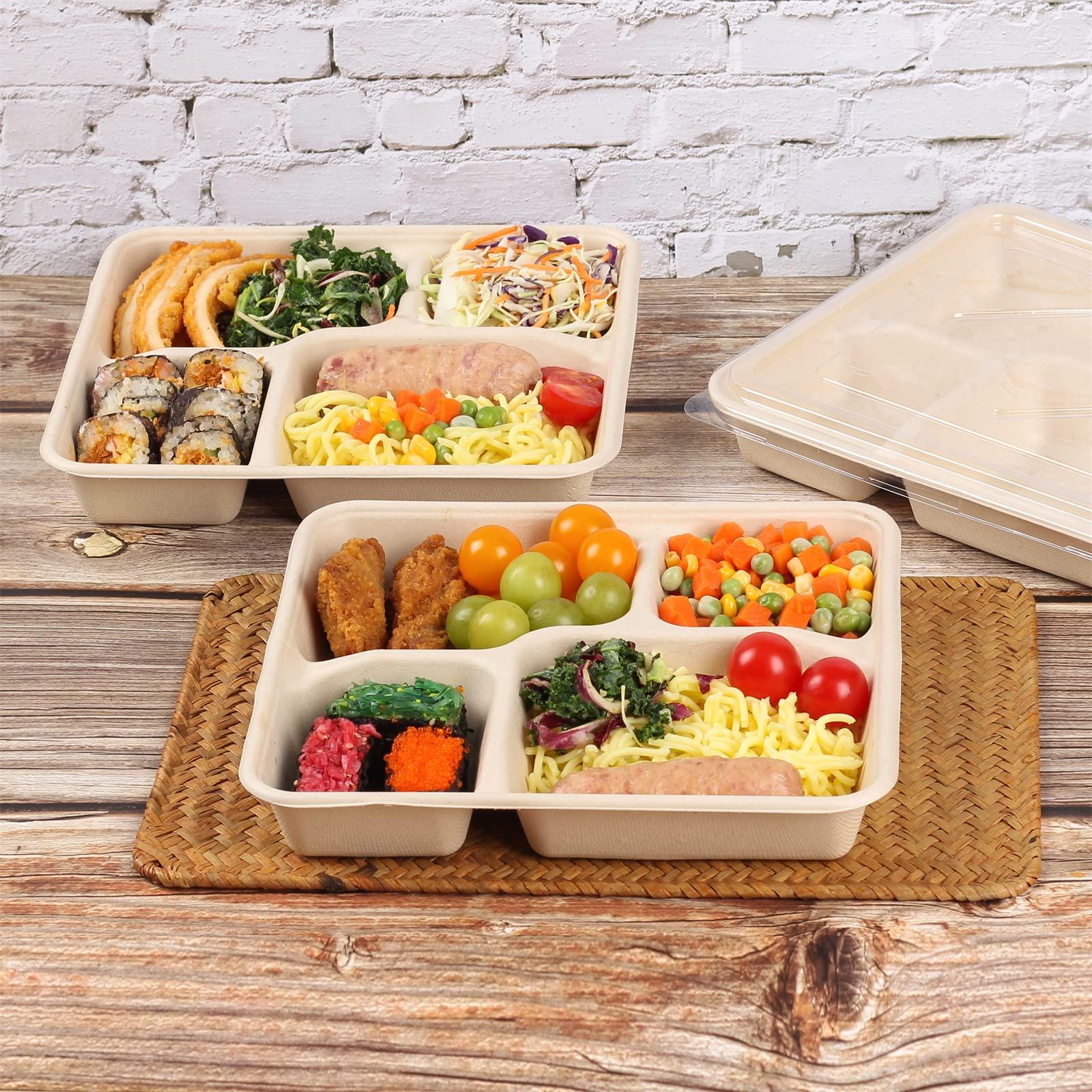 JAYEEY JAYEEY 37 OZ Sugarcane Fiber 4 Compartments disposable plates with Lids Bagasse Plant Fibers Freezer Safe 25 PACK