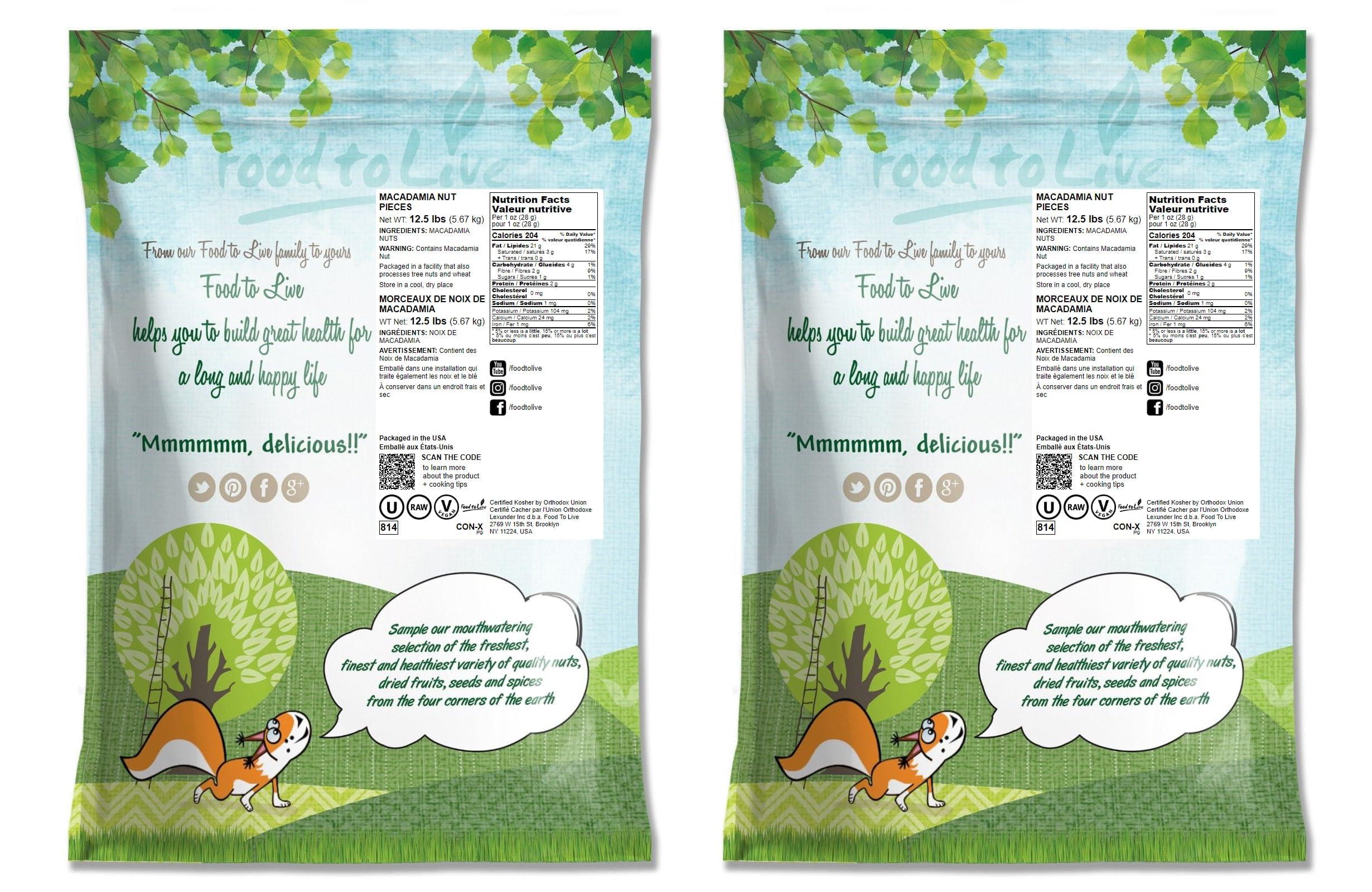 Food to Live Food to Live Macadamia Nut Halves & Pieces, 25 Pounds Raw, Shelled, Unsalted, Kosher, Vegan, Bulk. Keto Snack. Good Source of Healthy Fats. Great for Baking, and as Topping for Salads, Yogurt.