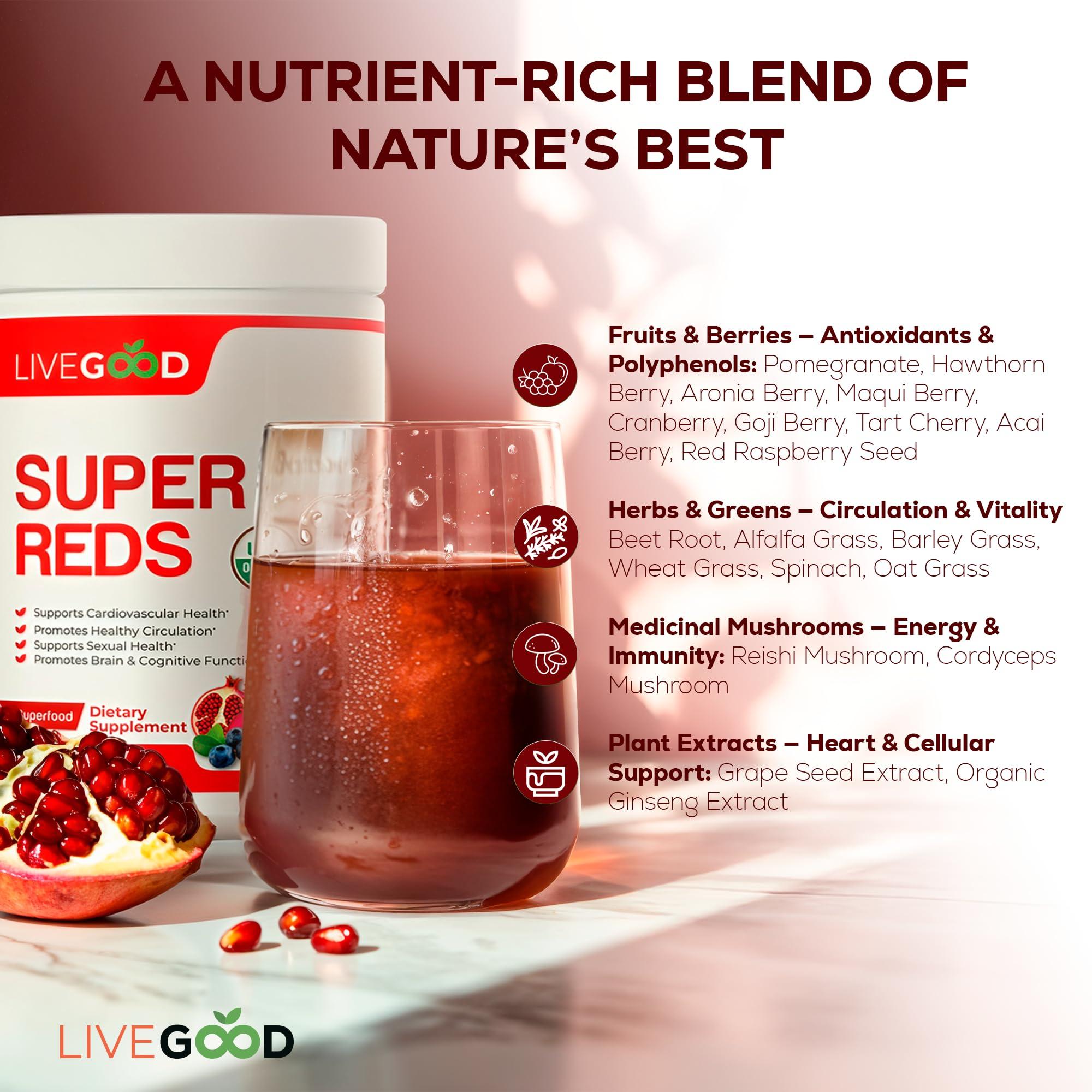 LIVEGOOD LIVEGOOD Organic Super Reds with Alfalfa, Barley Grass, Beet Root, Pomegranite, Grape Seed, Vegan, Gluten Free, 7.2 oz.