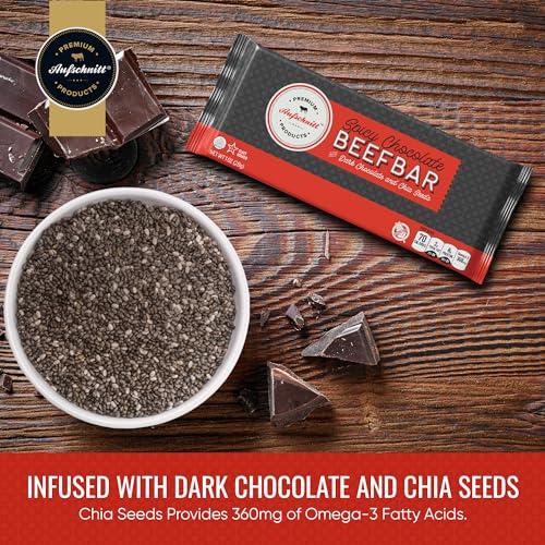 Premium Aufschnitt Products Aufschnitt Beef Bars - High Protein Snack with Grass Fed Beef - Kosher, Halal, and Keto Friendly - Dark Chocolate and Chia Seeds, 6 Count