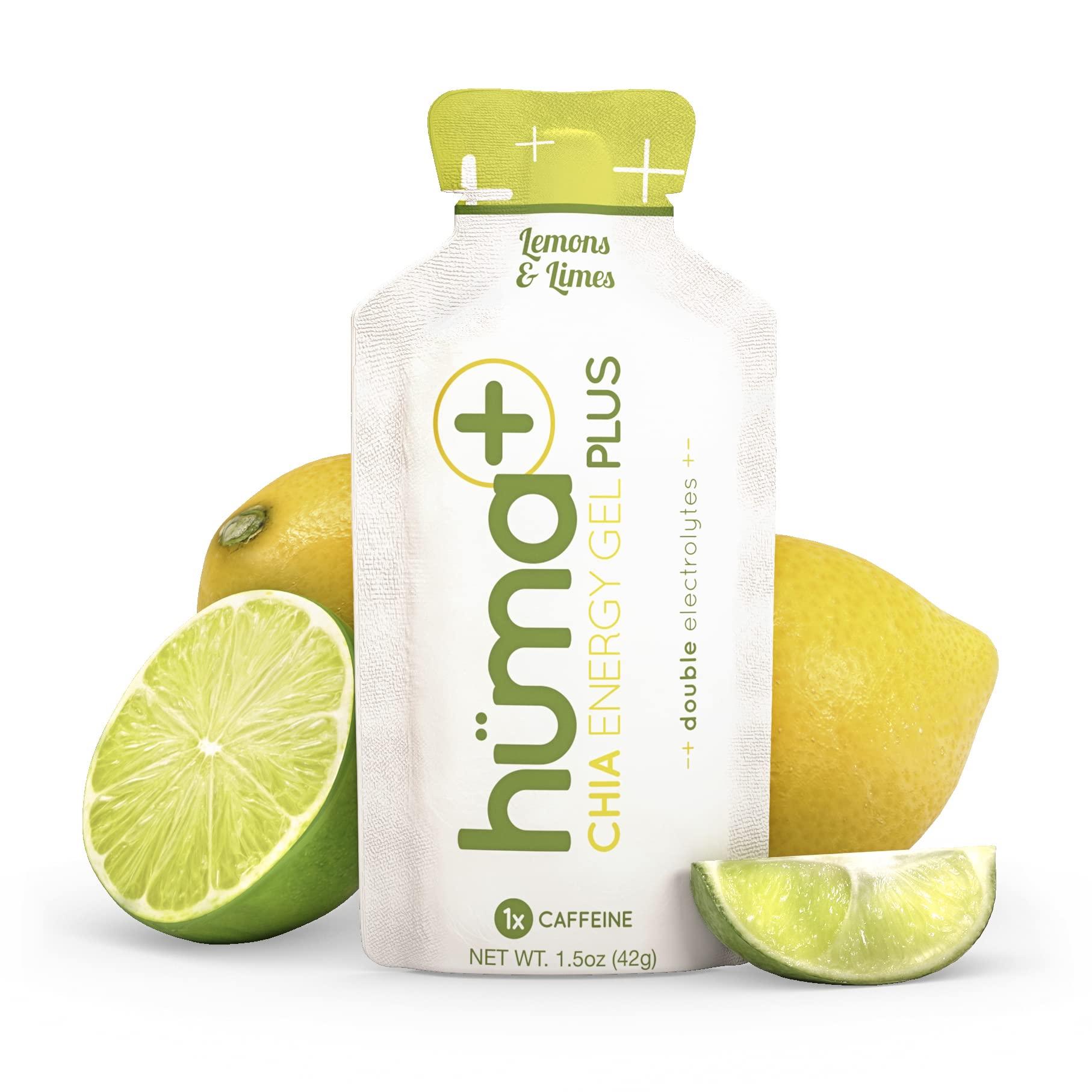 HÜMA CHIA ENERGY GEL Huma Plus (Double Electrolytes) - Chia Energy Gel, Lemon Lime, 24 Gels, 1x Caffeine - Stomach Friendly, Real Food Energy Gels