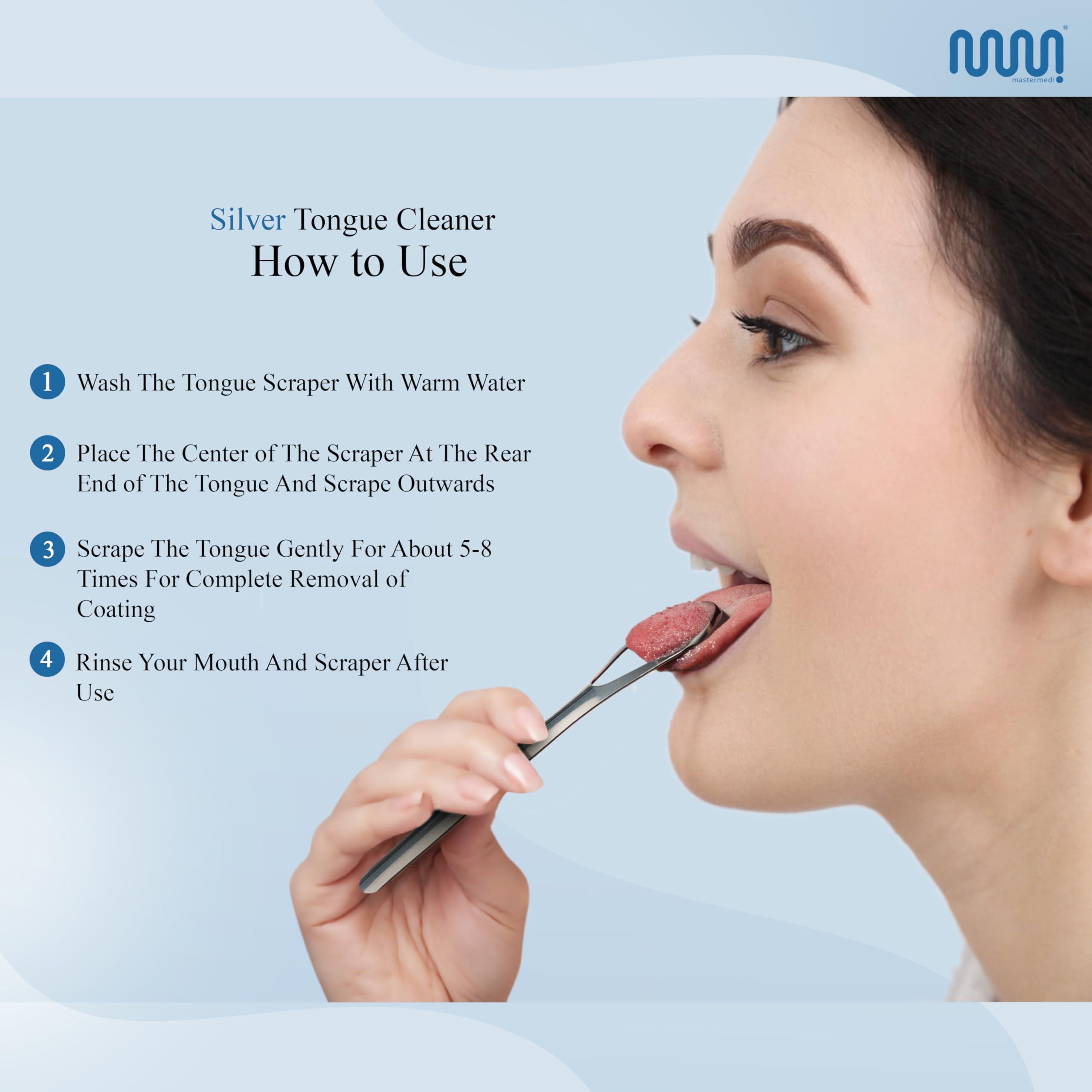 mastermedi MasterMedi Tongue Scraper for Adults, 100% Stainless Steel for Bad Breath, Easy to Use, Tongue Cleaner for Oral Care (Pack of 3 with Case), White