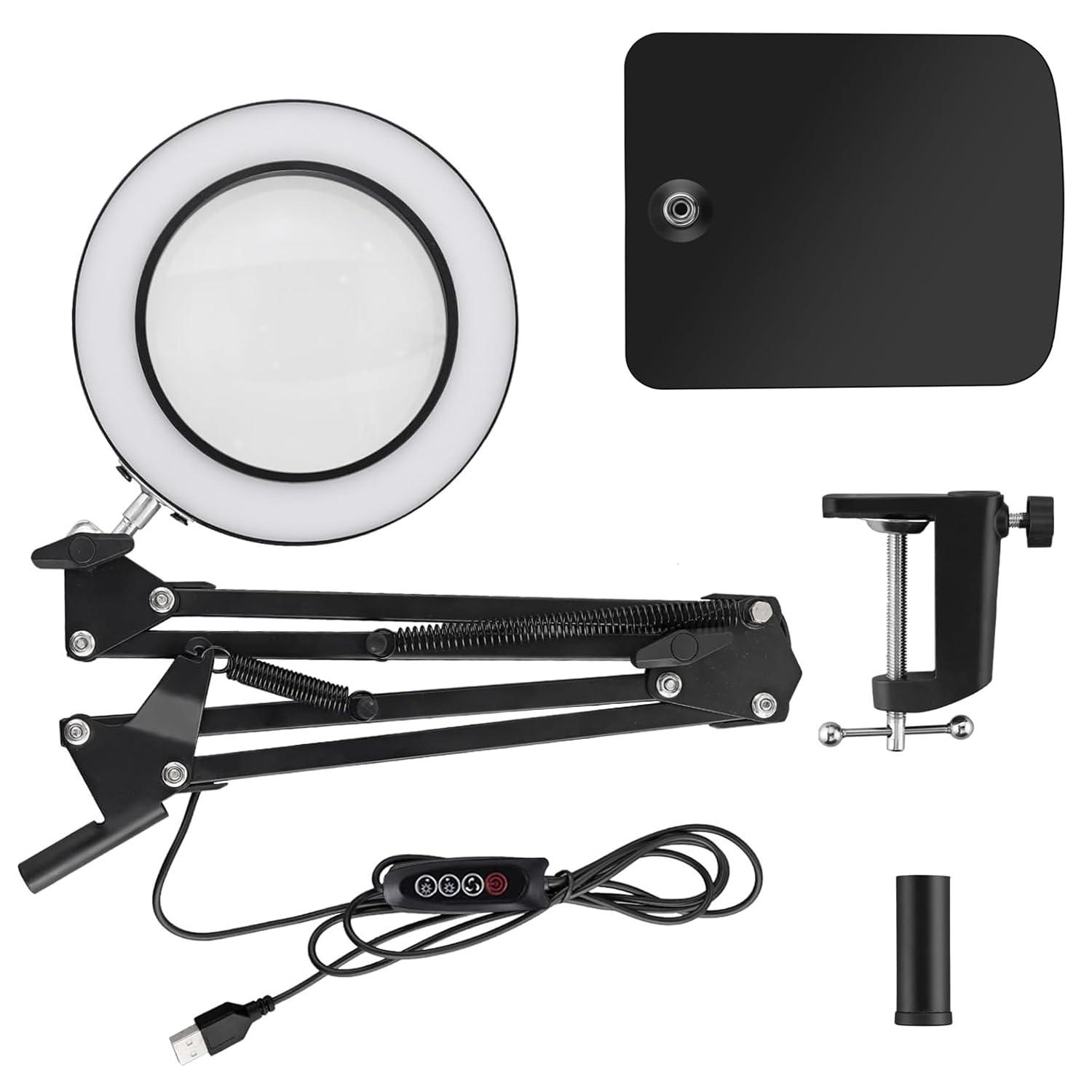 Soobuygoo 15X Magnifying Glass with Light, Table Lamp with Stand and Clamp, 2-in-1 LED Desk Lamp with Magnifier, 3 Color Modes, 72 LEDs, Real Glass Lens for Close Works, Craft, Hobby, Painting, Reading, Repair