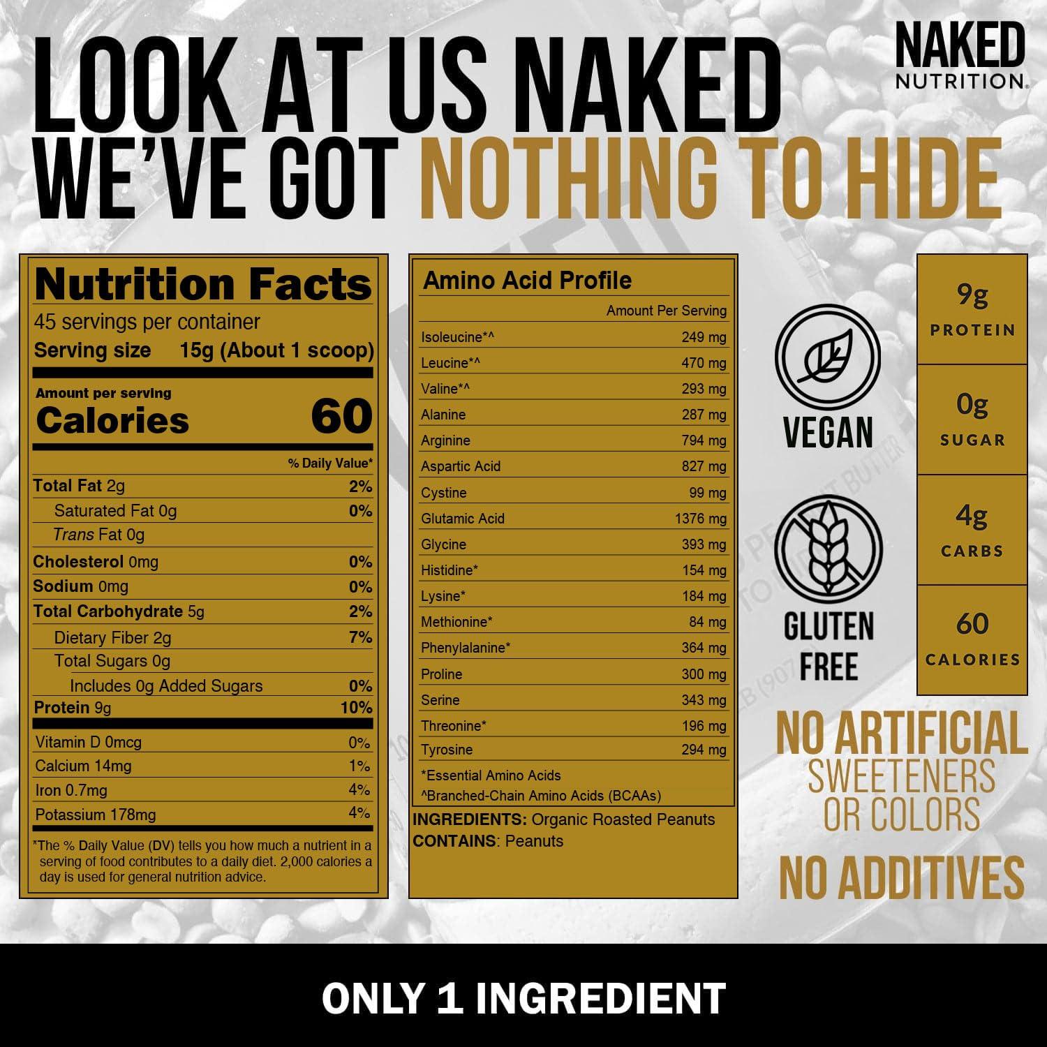 Naked Nutrition Organic Powdered Peanut Butter from US Farms Bulk, Only 1 Ingredient - Roasted Peanuts, Vegan, No Additives, Preservative Free, No Salt, No Sugar - 45 Servings - NAKED PB