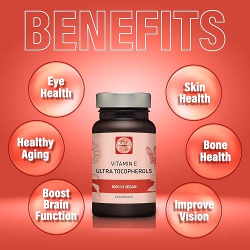 Kala Health Kala Health Vitamin E 1000 IU Ultra Tocopherol 450mg Vitamin E Vegan all 4 Tocopherols - Alpha Tocopherol + Beta Tocopherol + Gamma Tocopherol + Delta Tocopherol Unique d Alpha Tocopherol Vitamin E