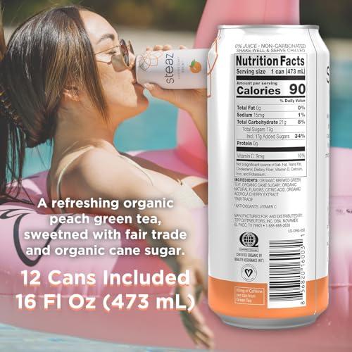 Steaz Steaz - Organic Green Tea - Peach Flavored (12 Pack) - Antioxidant Brew - 65mg Natural Caffeine, 90 Calories, Vitamin C - Cane Sugar Sweetened Iced Tea - Vegan, Fair Trade - 12 Cans, 16 fl oz (473mL)