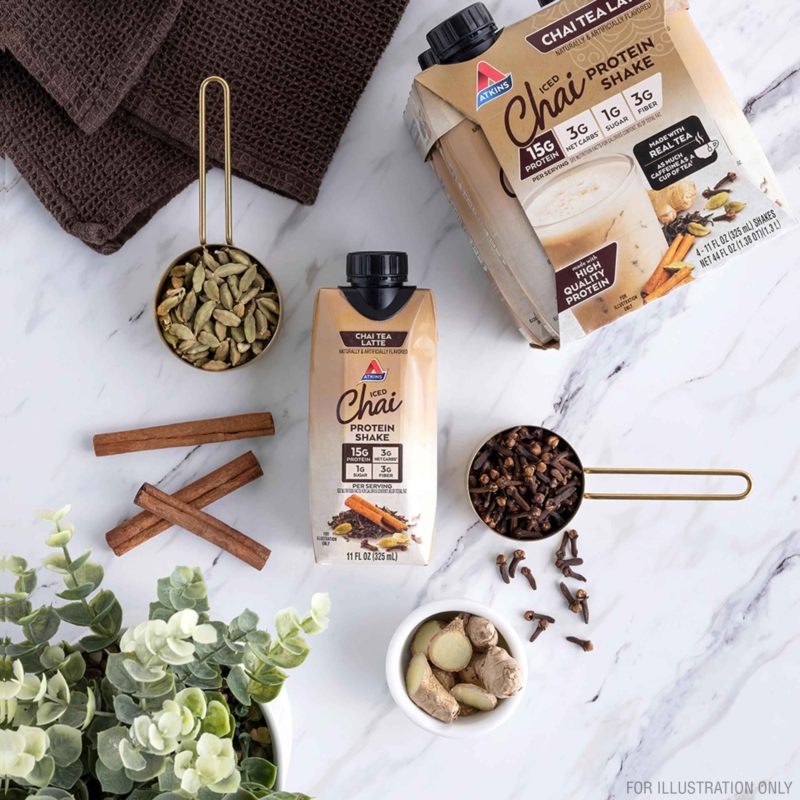 Atkins Chai Tea Latte Protein Shake, 15g Protein, Low Glycemic, 3g Net Carb, 1g Sugar, Keto Friendly , Set of three 4-pack