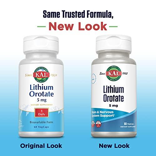 KAL KAL Lithium Orotate 5mg | Low Serving of Chelated Lithium Orotate for Bioavailability & Mood Support | in Organic Rice Bran Extract Base | 60 VegCaps