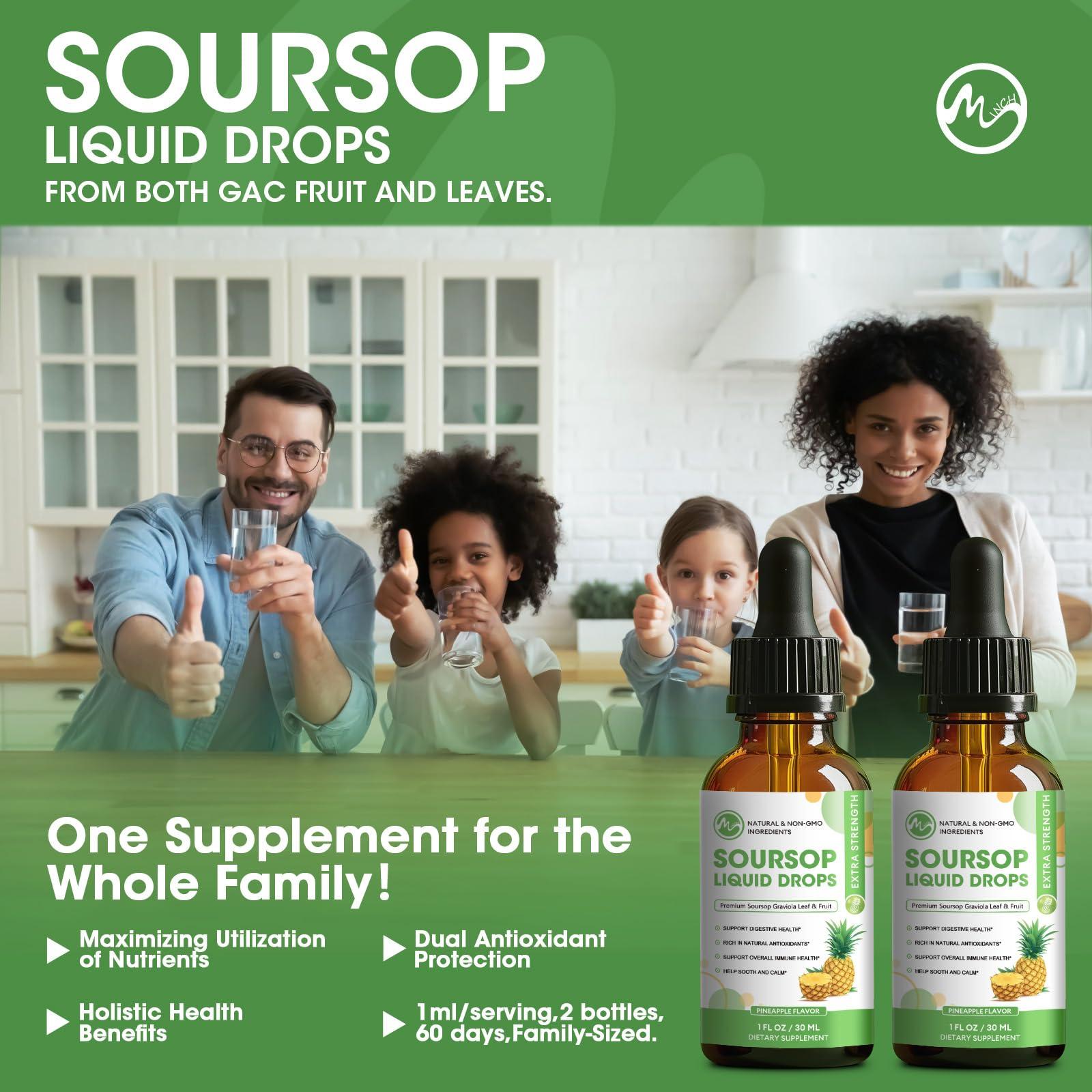 M inch Soursop Bitters Liquid, Sugar Free Graviola Liquid Drops Extract from Organic Soursop Leaves and Fruits for Cell Support, Regeneration, Antioxidant, Immune Boost, Pineapple Flavor, 2 Fl Oz