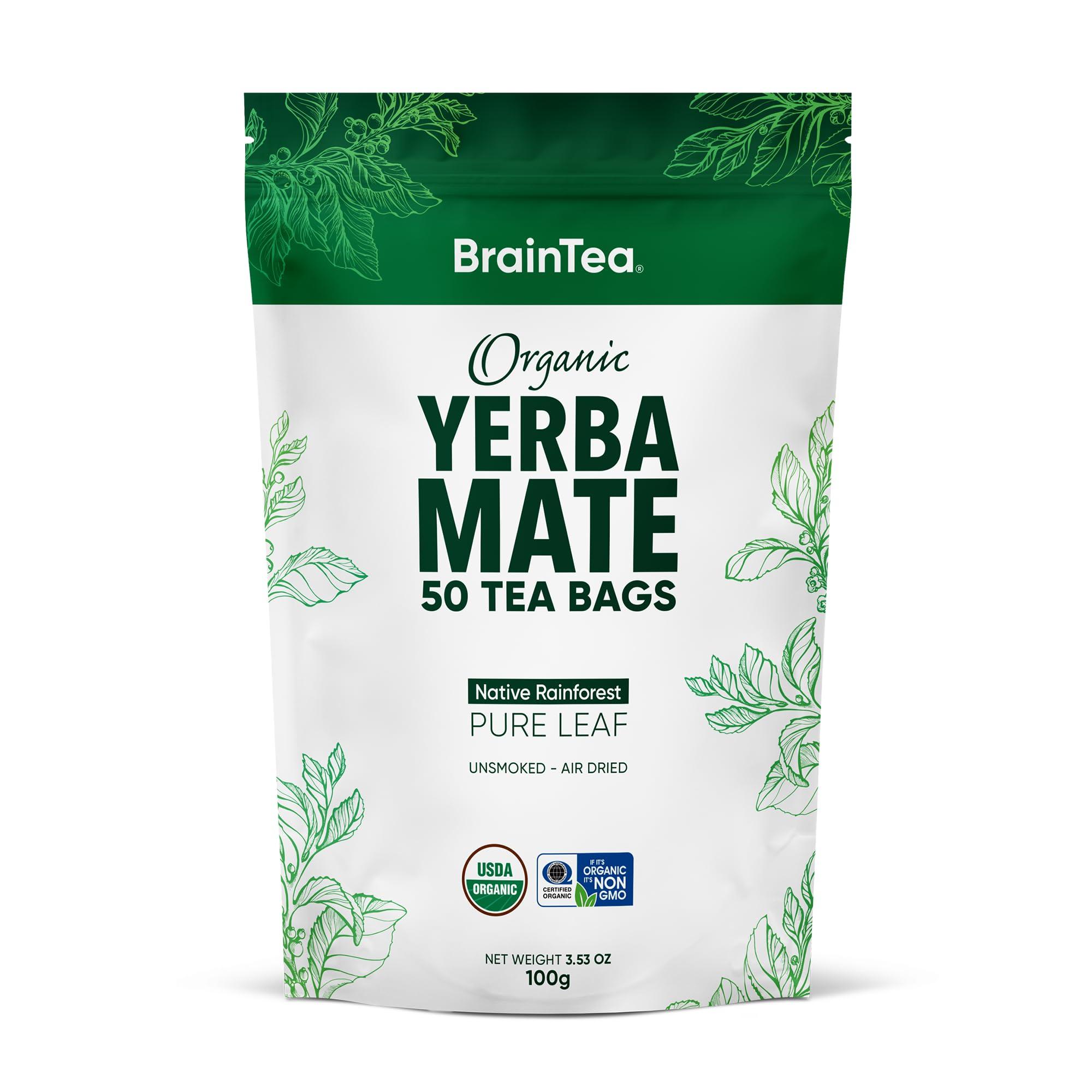 Brain Tea Yerba Mate Tea Organic - Brain Tea Organic Yerba Mate Tea bags 50 count - Native Rainforest Sourced, Unsmoked & Air-Dried, High Caffeine Matte Tea for Detox & Focus Boost - 100g