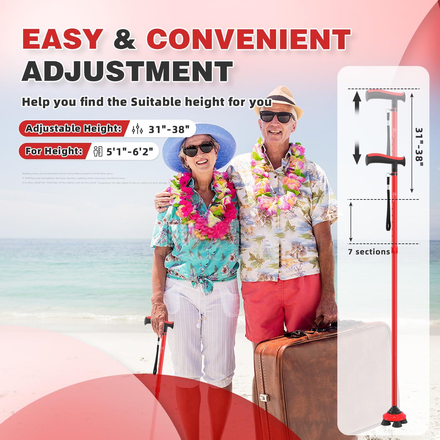 BeneCane BeneCane Walking Cane for Men & Women Walking Stick for Seniors Folding Canes Quad Cane Adjustable Lightweight Sturdy Collapsible Heavy Duty with Soft TPR T-Handle and Travel Bag