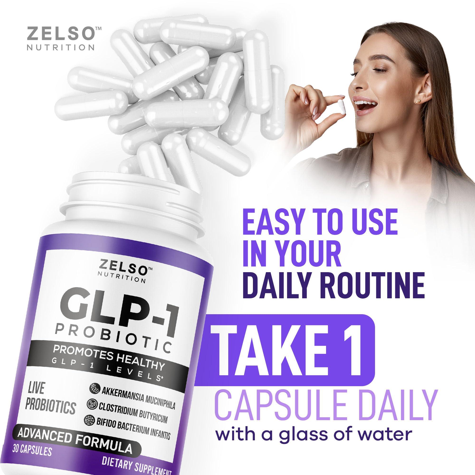 ZELSO GLP-1 Probiotic with Akkermansia Muciniphila - Curbs App & Promotes Feeling of Fullness - Gut Health Support with GLP 1 Live Probiotics, 500M CFU Multi-Strain Probiotic + Prebiotic GLP1 Naturally Plus