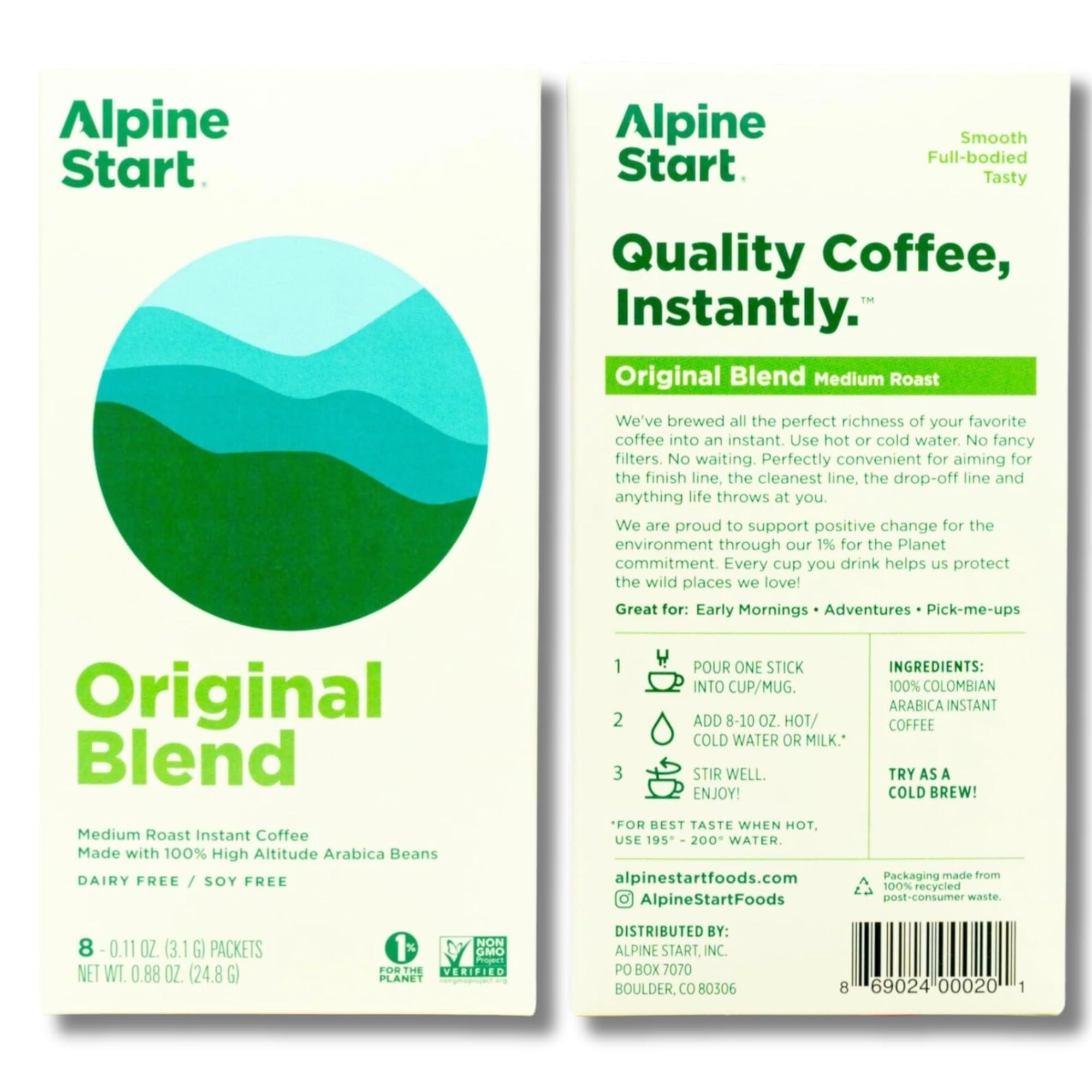 Alpine Start Alpine Start Instant Coffee Medium Roast Original Blend from High Altitude Arabica Beans, Enjoy Hot or Cold, Dairy Free, Soy Free (0.11 Oz) Pack of 8