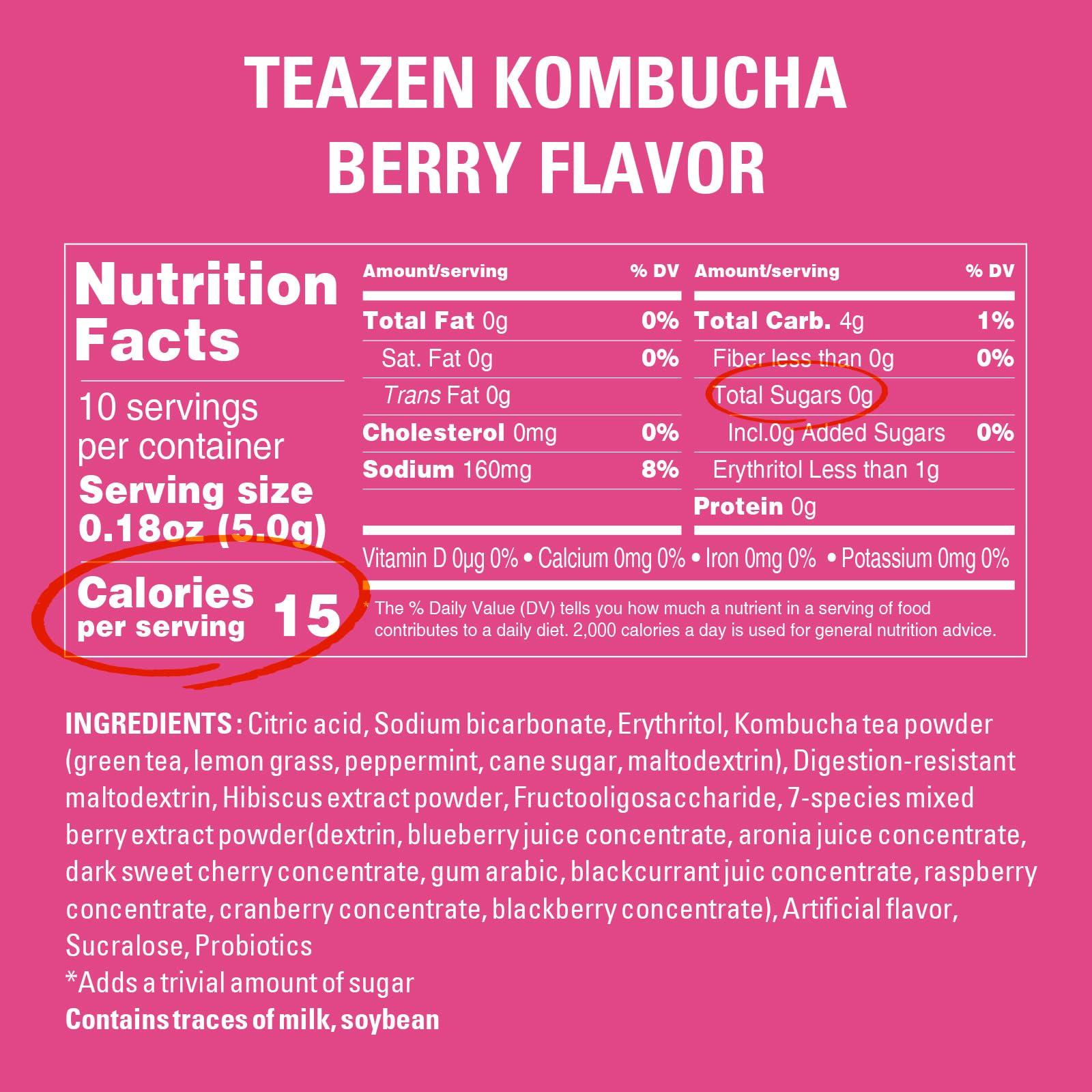 TEAZEN TEAZEN Berry Kombucha Tea, Hydration Drink Mix, Sugar Free, Live Probiotics & Prebiotics, 10 Sticks, 1.76oz