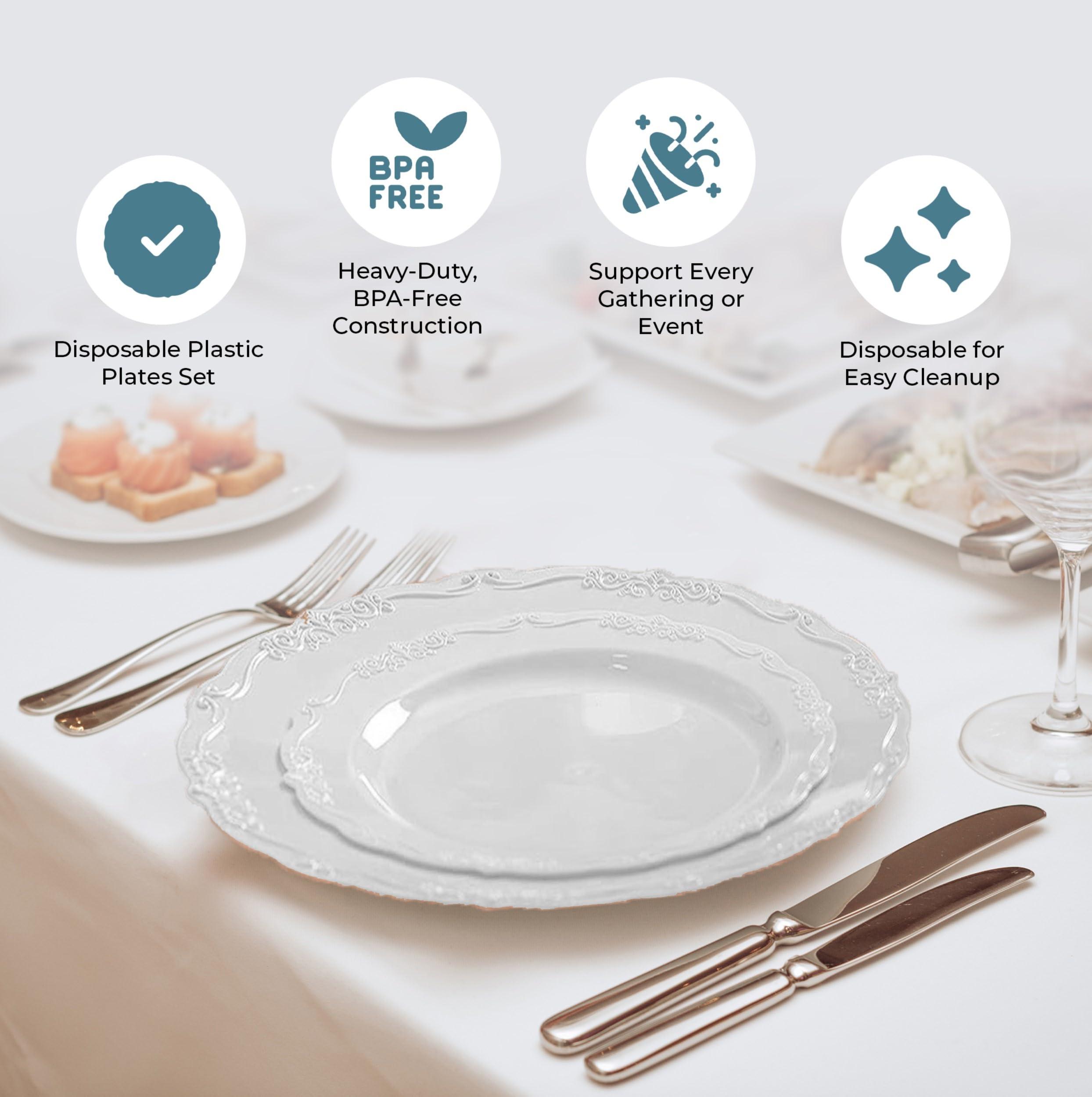 Posh Setting Posh Setting Disposable Plastic Plates Set - Heavy Duty Vintage Plastic Plates, 60 Pack Vintage Disposable Dinnerware Sets with 30 Appetizer Plates & 30 Plastic Dinner Plates for Wedding, White
