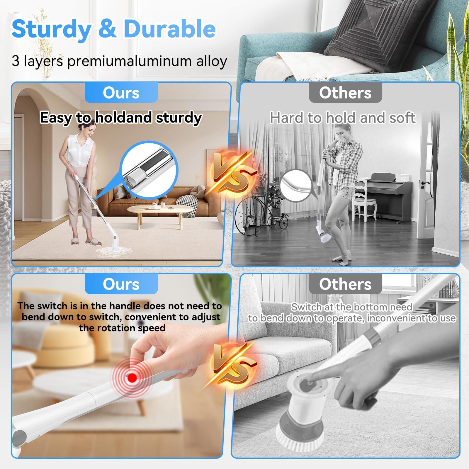 GOOD PAPA Electric Spin Scrubber, Cordless Cleaning Brush with 8 Replaceable Cleaner Brush, Power Shower Scrubber with Long Handle, Electric Scrubber for Cleaning Floor Bathroom Bathtub Tile