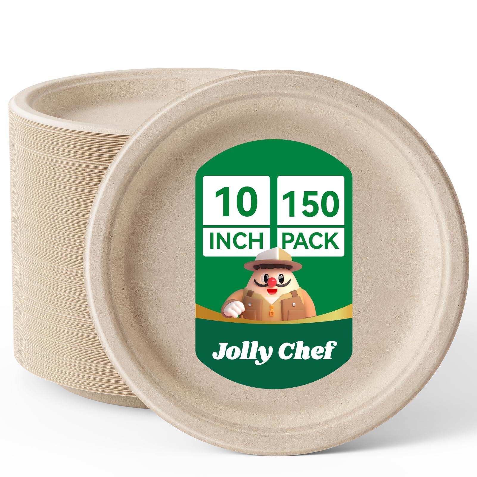 JOLLY CHEF JOLLY CHEF Compostable Heavy Duty Plates 10 Inch [150 Pack] Eco-Friendly Disposable Natural Paper Plates Bagasse Biodegradable Plates Bulk for Party Dinner Sugarcane Fibers Round Plates(Brown)