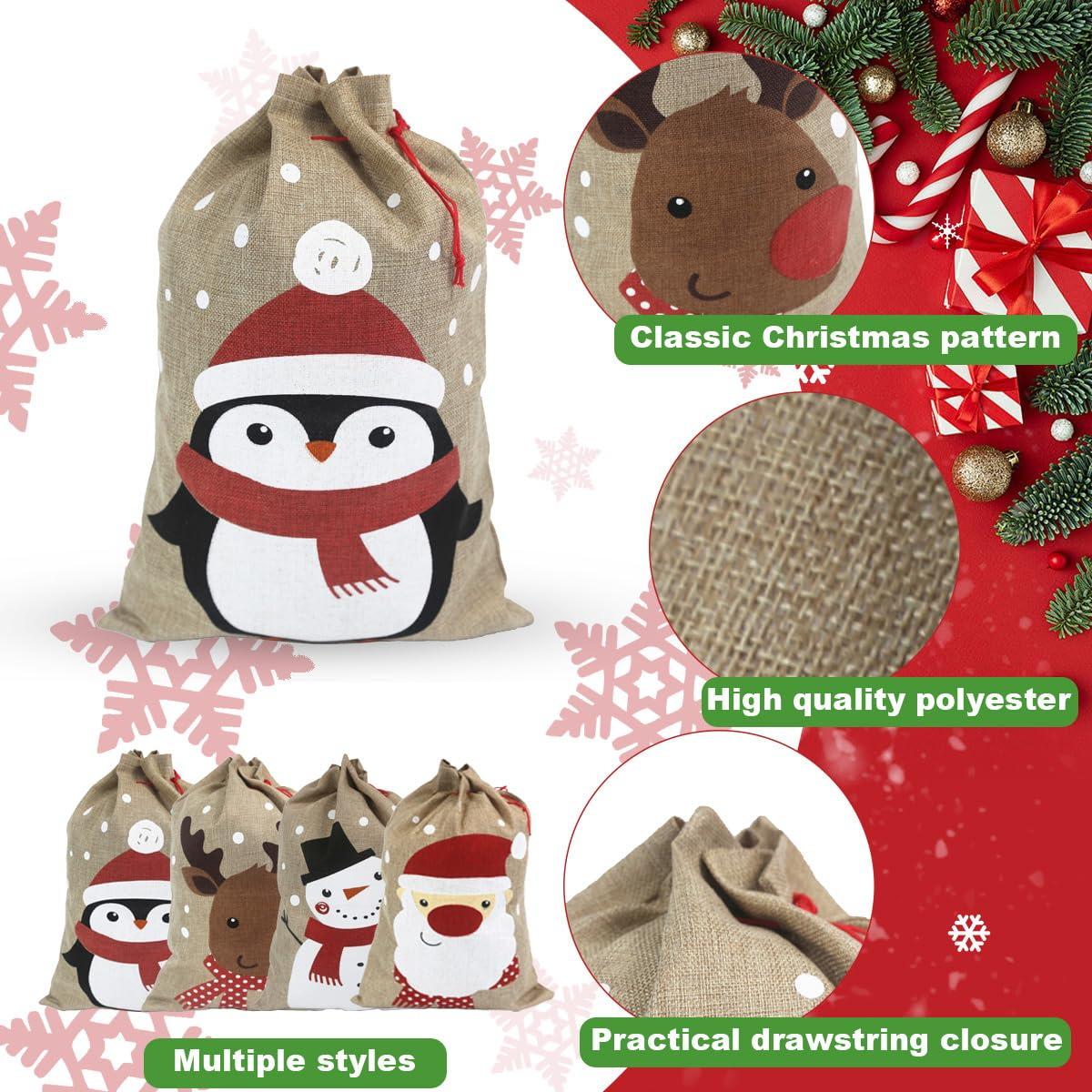 Hooin Christmas Sacks (13.8‘’ x 19.7‘’ Medium Size) – Pack of 4 Drawstring Goody Gift Bags for Christmas Treats 4 Designs Santa Snowman Reindeer Penguin