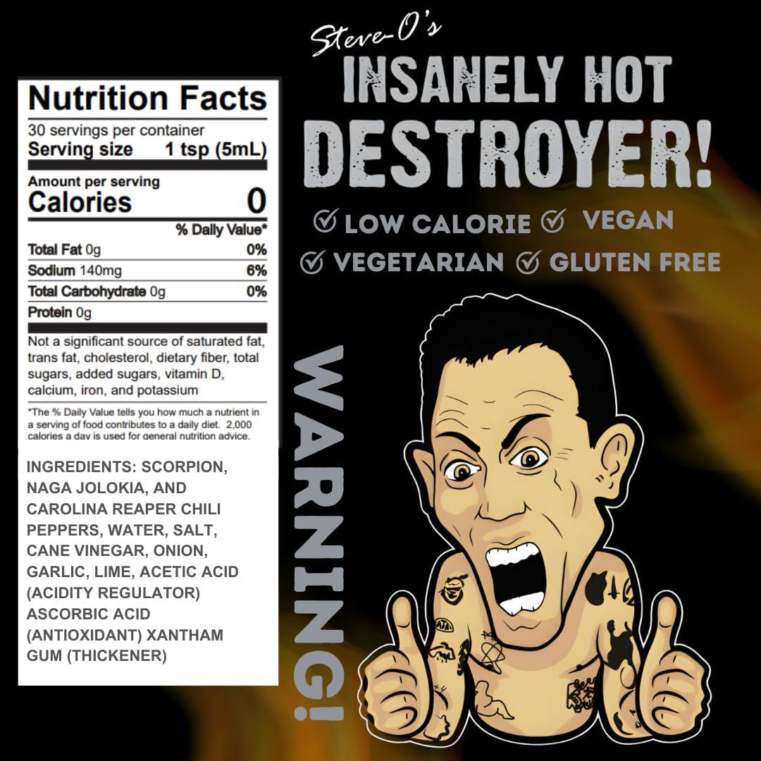 Steve-O\'s Steve-O\'s Original Hot Sauce Bundle | Habanero & Destroyer Hot Sauces - Garlic Habanero and Scorpion, Naga Jolokia, and Carolina Reaper Peppers (5 fl oz Sauces)