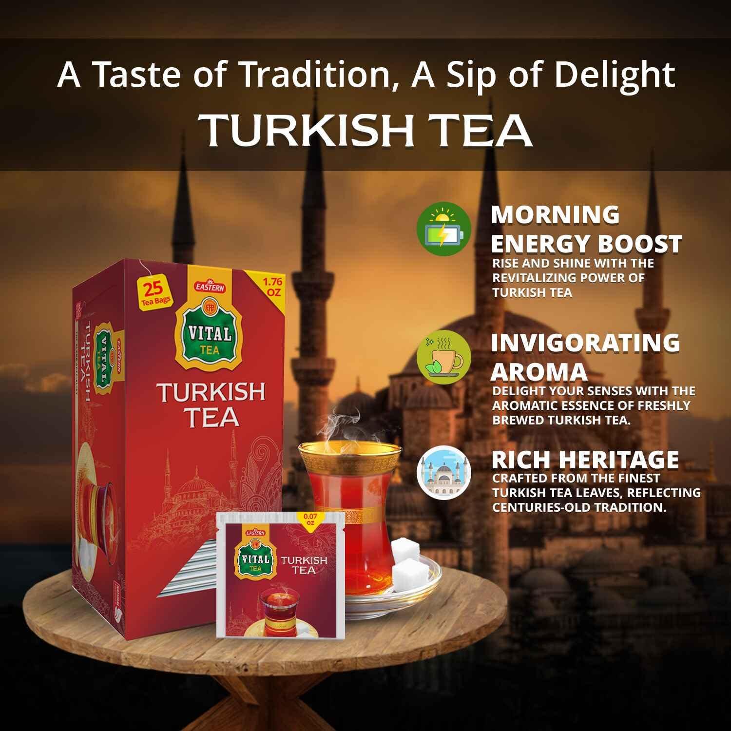 Eastern Vital Tea Turkish Tea Black, Count of 25 Black Tea Bags - Flavourful Taste of Black, Freshly Packed with Heritage Taste of Turkish Tea Bags, Aromatic Tea Beverages by Vital Products