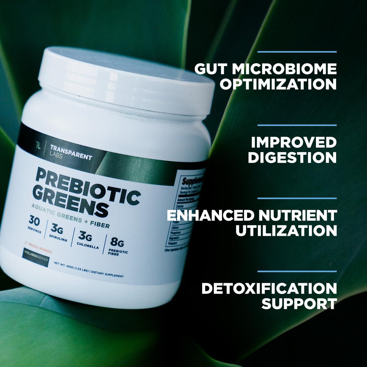 Transparent Labs Transparent Labs Prebiotic Greens - Superfood Powder & Antioxidants Supplement with Organic Spirulina, Chloerra, Acacia Powder, & Green Banana Powder - 30 Servings, Peach Mango
