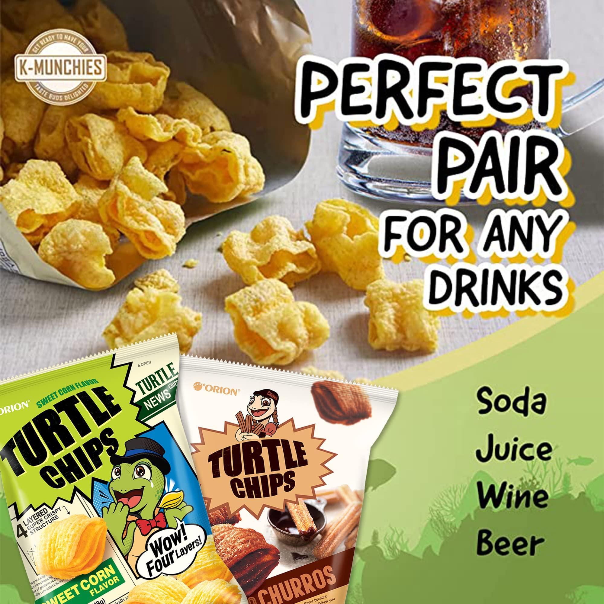 K-Munchies K-Munchies Orion Turtle Chips - 6 Variety Packs, 49g - Churro Chips (3), and Sweet Corn Chips (3) Flavors - Snack Size Korean Chips - Savory, Crispy Korean Snacks - On-The-Go Korean Corn Snack Chips