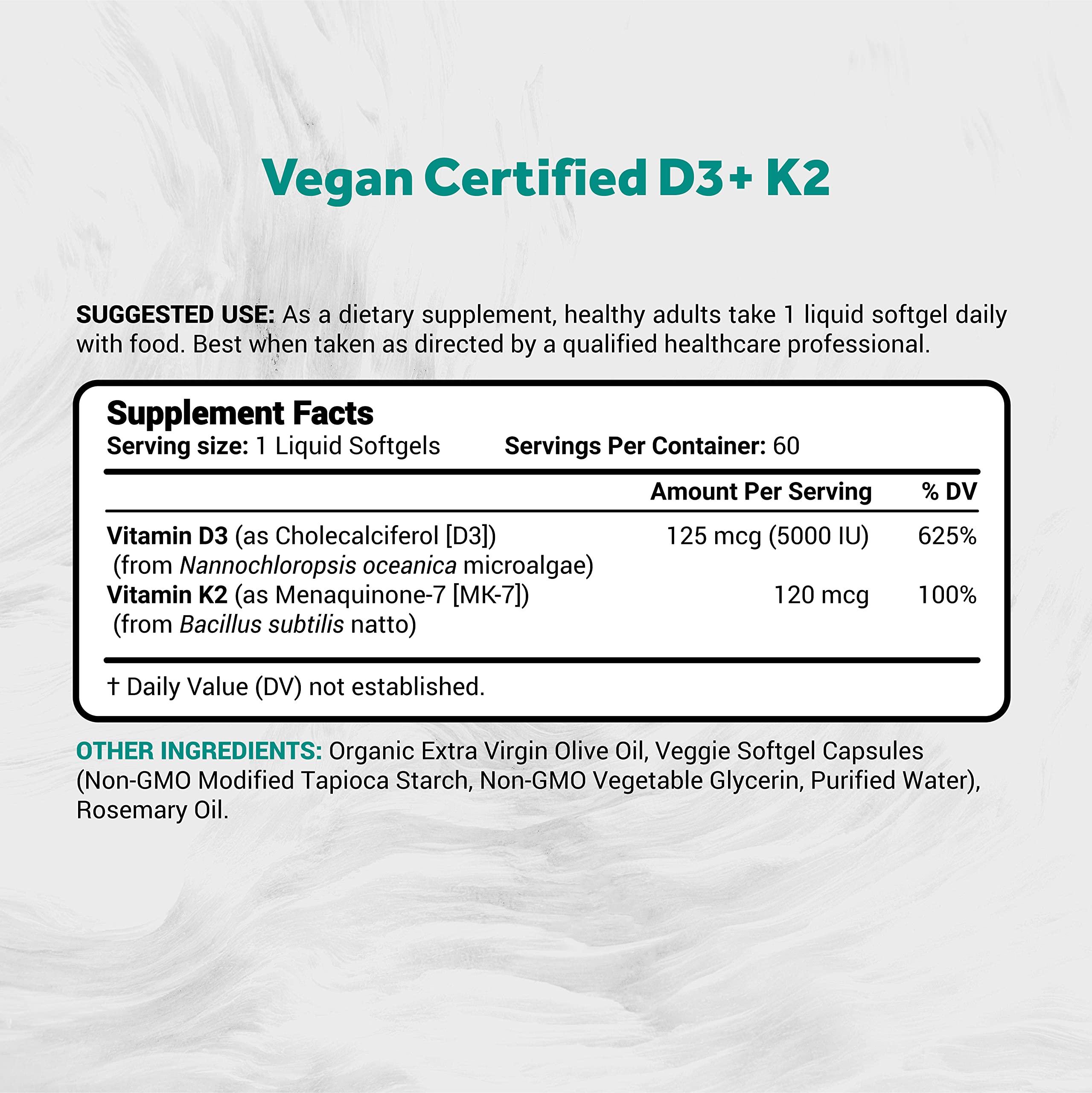 Naturalis Naturalis Vegan Vitamin D3 + K2 from Algae | 5000iu Vitamin D with 120mcg MK7 Vitamin K | Vegan Society Certified, Sustainably Sourced, Better Than Animal Derived | 60 Veggie Softgels
