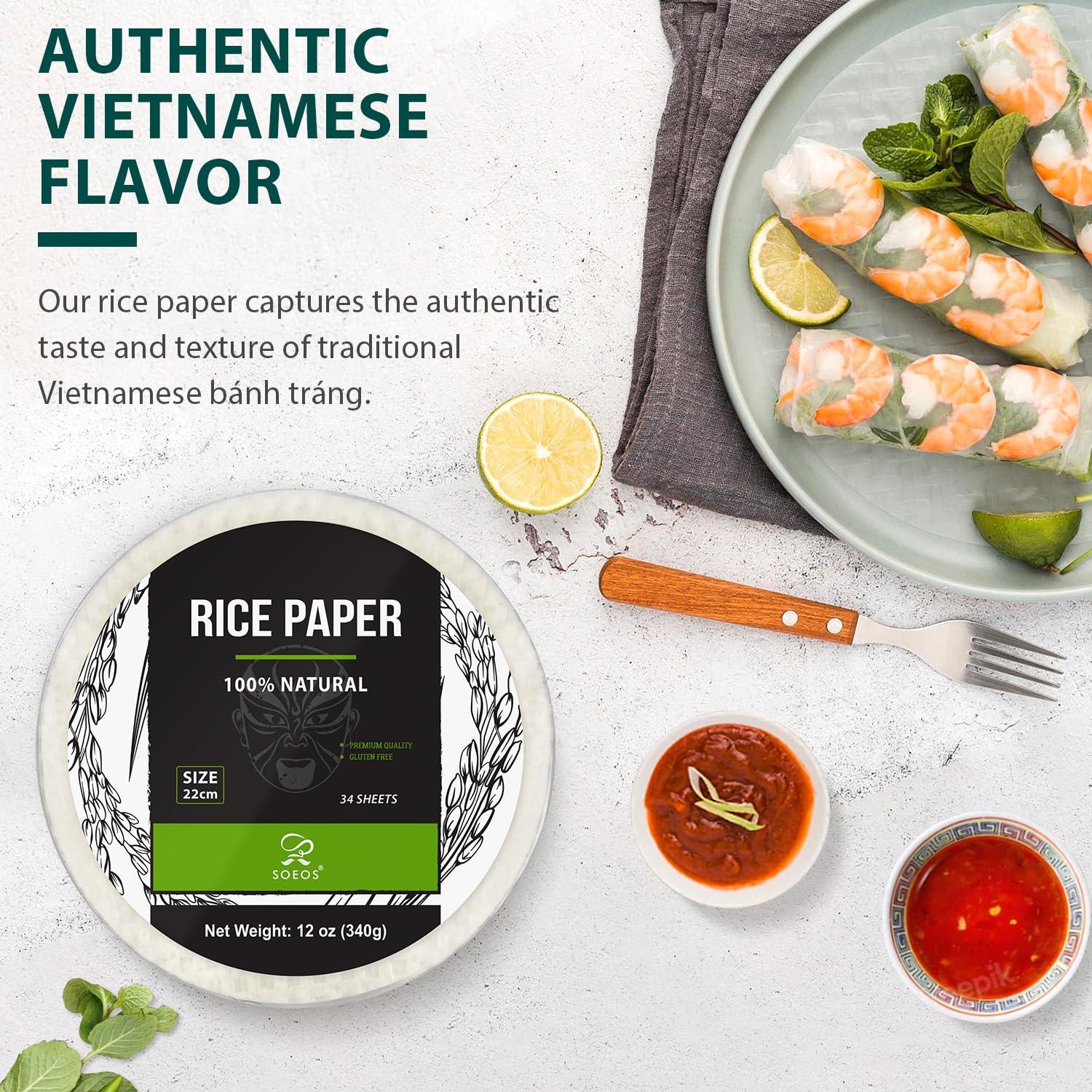 Soeos Soeos Rice Paper, White Rice Paper Wrappers, 1 Pack, 34 Sheets-Fresh Spring Roll Wrappers & Dumplings, Non-GMO, Gluten-Free, Low Carb, Vietnamese Rice Wraps (Round, 22cm)