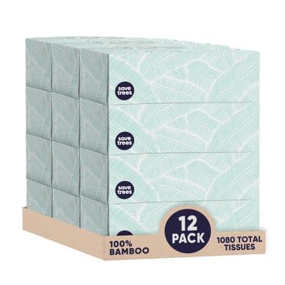 Cloud Paper Save Trees Bamboo Facial Tissues - 12 Boxes of Eco-Friendly, 3-Ply Hypoallergenic Tissues, 90 Sheets per Box, FSC Certified, Plastic-Free Packaging, Soft & Gentle for Home Use