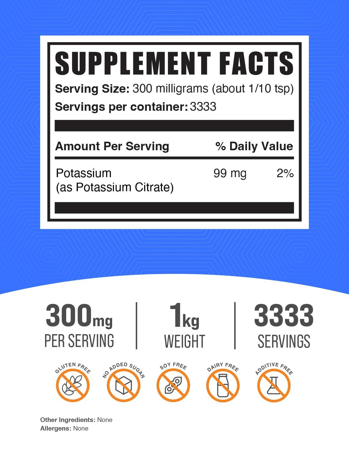 BULKSUPPLEMENTS.COM BulkSupplements.com Potassium Citrate Powder - Potassium Citrate Supplement, Potassium Powder, Potassium 99mg - Gluten Free, 300mg per Serving, 1kg (2.2 lbs) (Pack of 1)