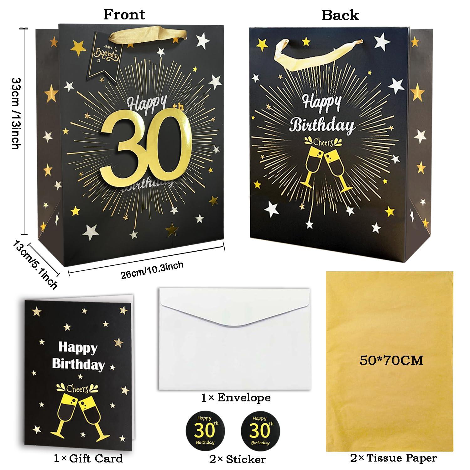 Yitla Yitla 30th birthday gift bag for men,13\" Black Happy 30th Birthday Gift Bag with Card and Tissue Paper for Men Women 30th Birthday Party Supplies (30th Happy Birthday)