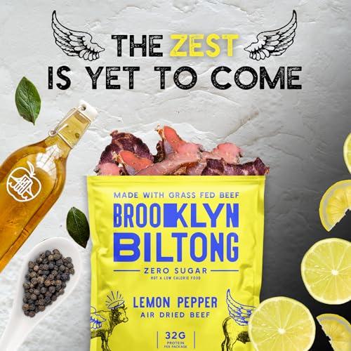 Brooklyn Biltong Brooklyn Biltong Air Dried Grass Fed Beef Snack, South African Beef Jerky (8oz, Pack of 2) - Whole30 Approved, Paleo, Keto, Gluten Free, Sugar Free, Made in USA - (Lemon Pepper)