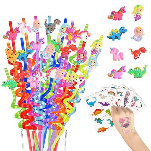 DLSMDOUS 24 Reusable Drinking Plastic Straws + 6 Temporary Tattoos or 6 Silicone bracelets for Girls and Boys Birthday Party Decorations with Unicorn,Mermaid,or Dinosoaur,plus 1 Cleaning Brush