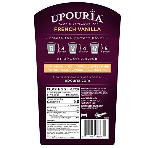 Sunny Sky Upouria French Vanilla & Caramel Coffee Syrup Flavoring, 2 of each Flavor, 100% Vegan, Gluten-Free, Kosher, 750 mL Bottles (Pack of 4) with 2 Coffee Syrup Pumps
