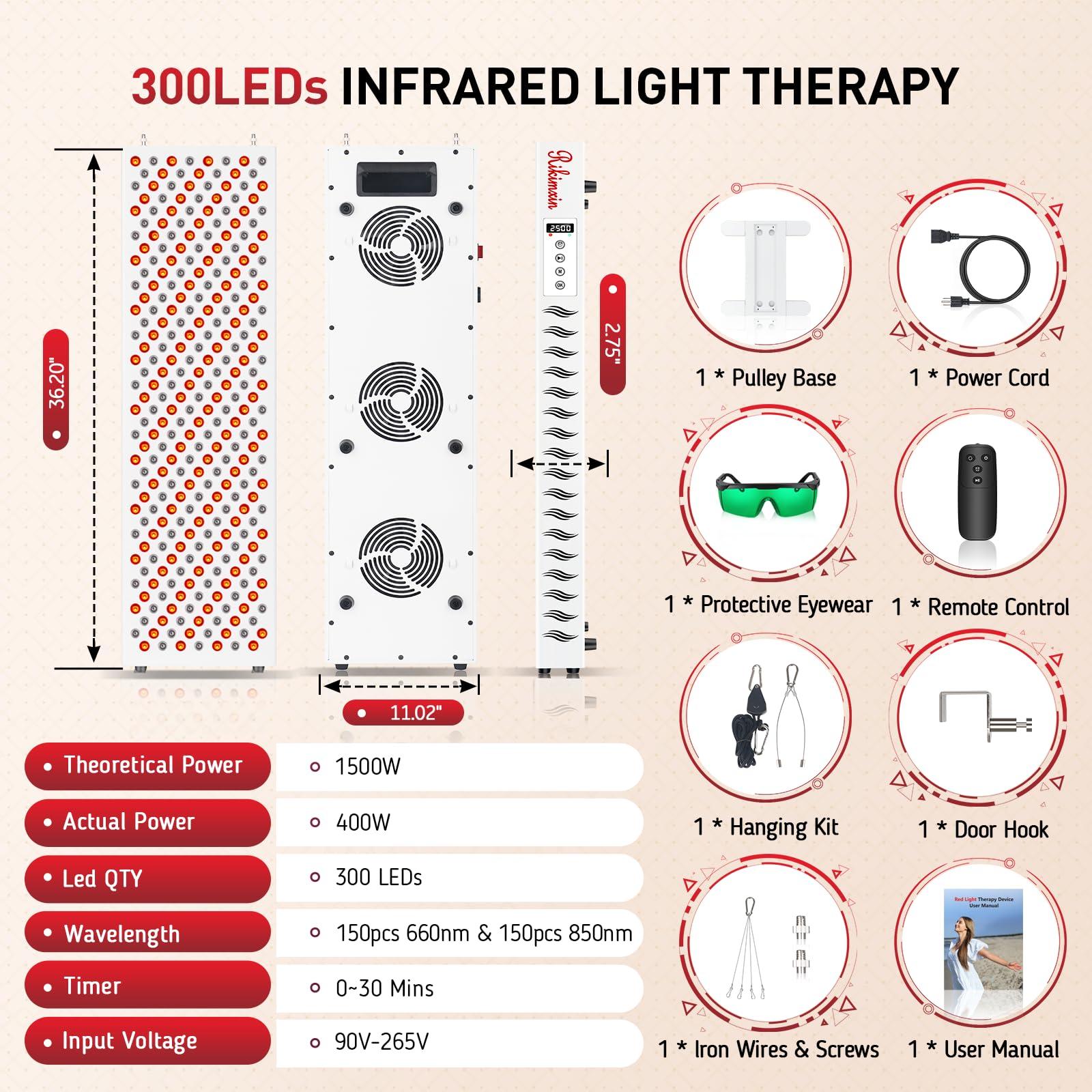 Rikimxin 300 LEDs Red Light Therapy Devices, Red 660nm and 850nm Near Infrared Light Therapy with Base Wheels, High Power Red Light Panel for Body Face Pain Relief, Recovery, Improve Sleep, Skin Health