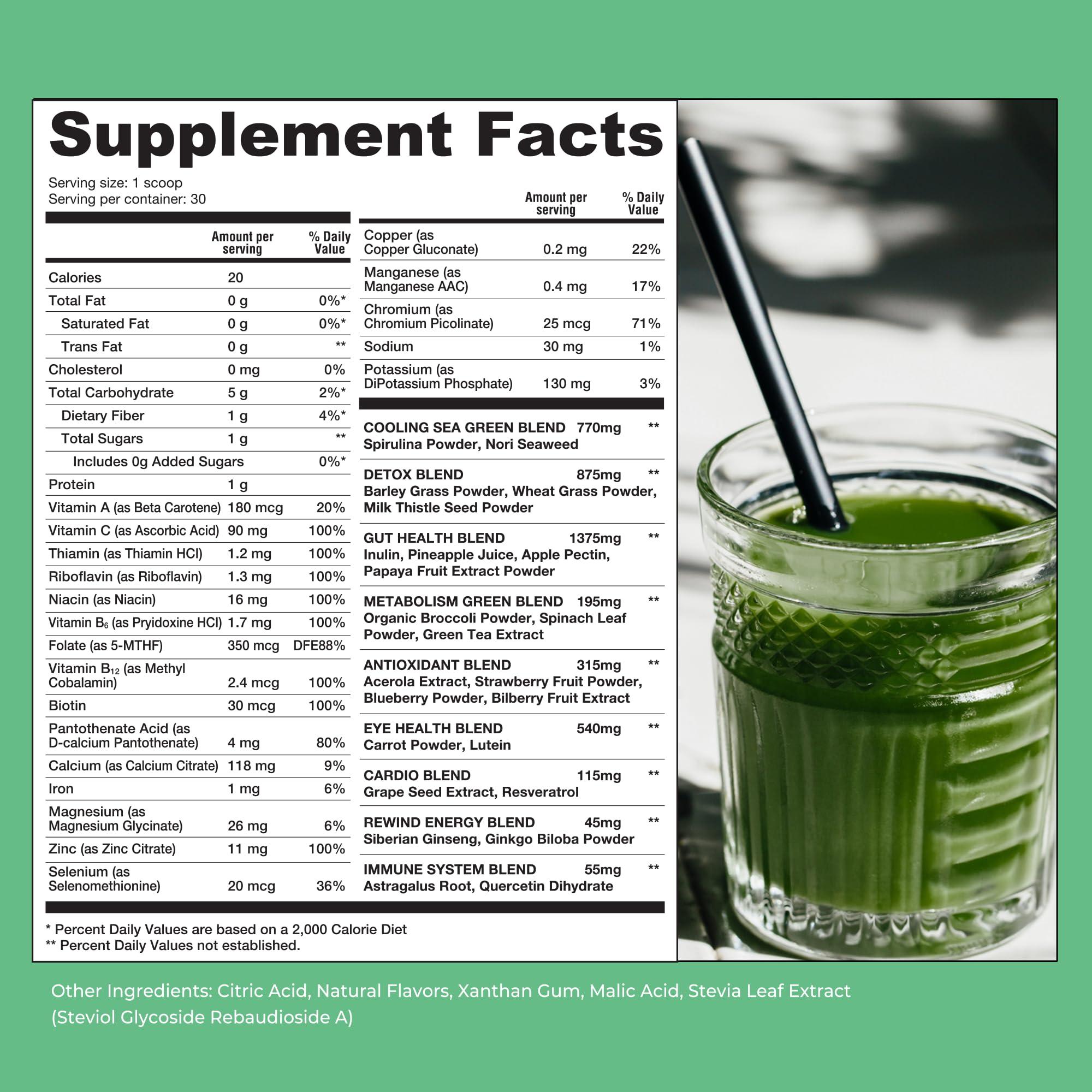 Rewind Rewind Greens - Super Greens Powder - Delicious Green Juice Drink Mix with Amazing Flavor - Over 40 Superfoods - Vitamin B12, Zinc, Vitamin C, Magnesium, and Calcium - Pineapple Dream