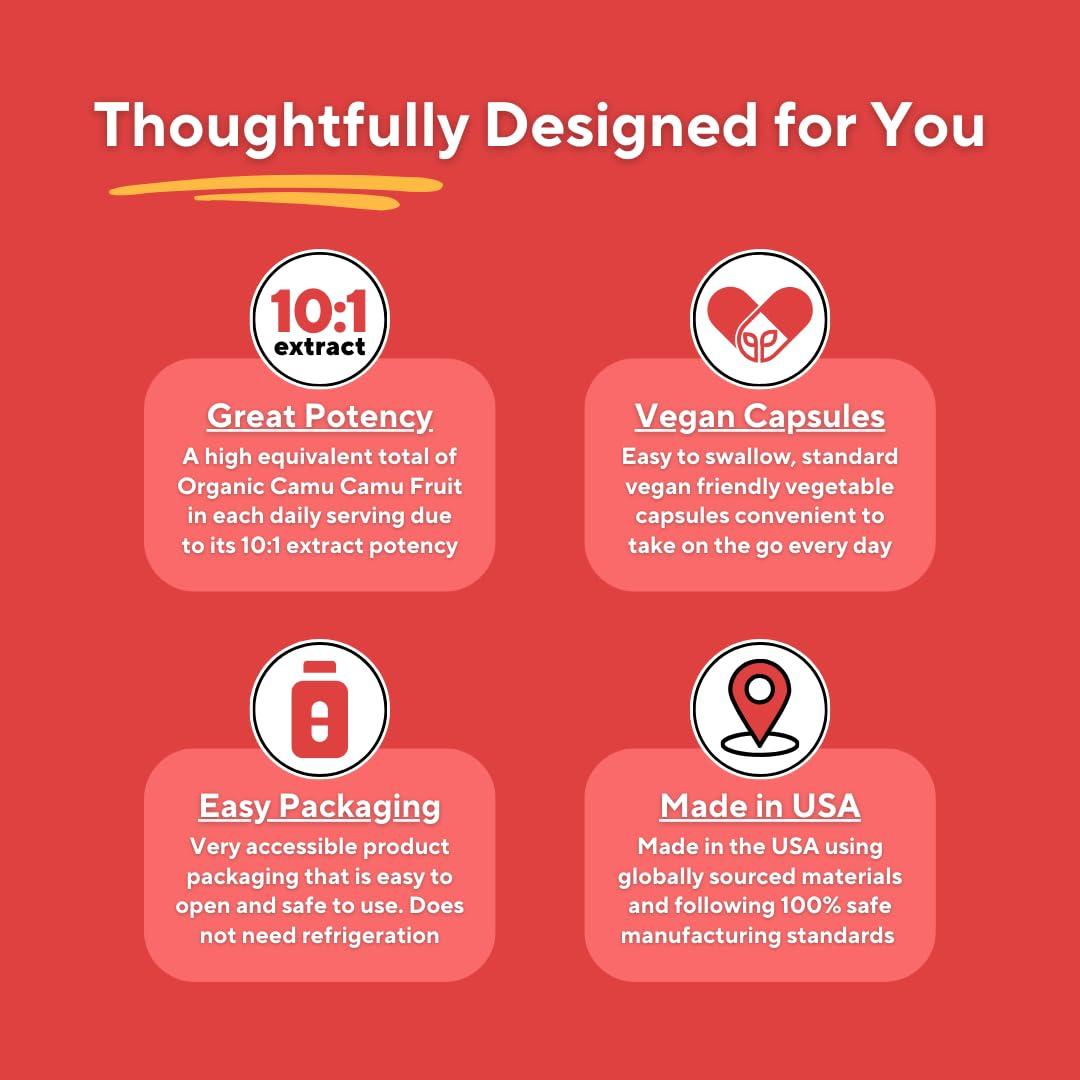 Vitapia Organic Camu Camu Extract 20% Vitamin C Capsules - Immune, Collagen, Metabolism Support - 120 Veggie Capsules - Non GMO, Gluten Free, Vegan Supplement